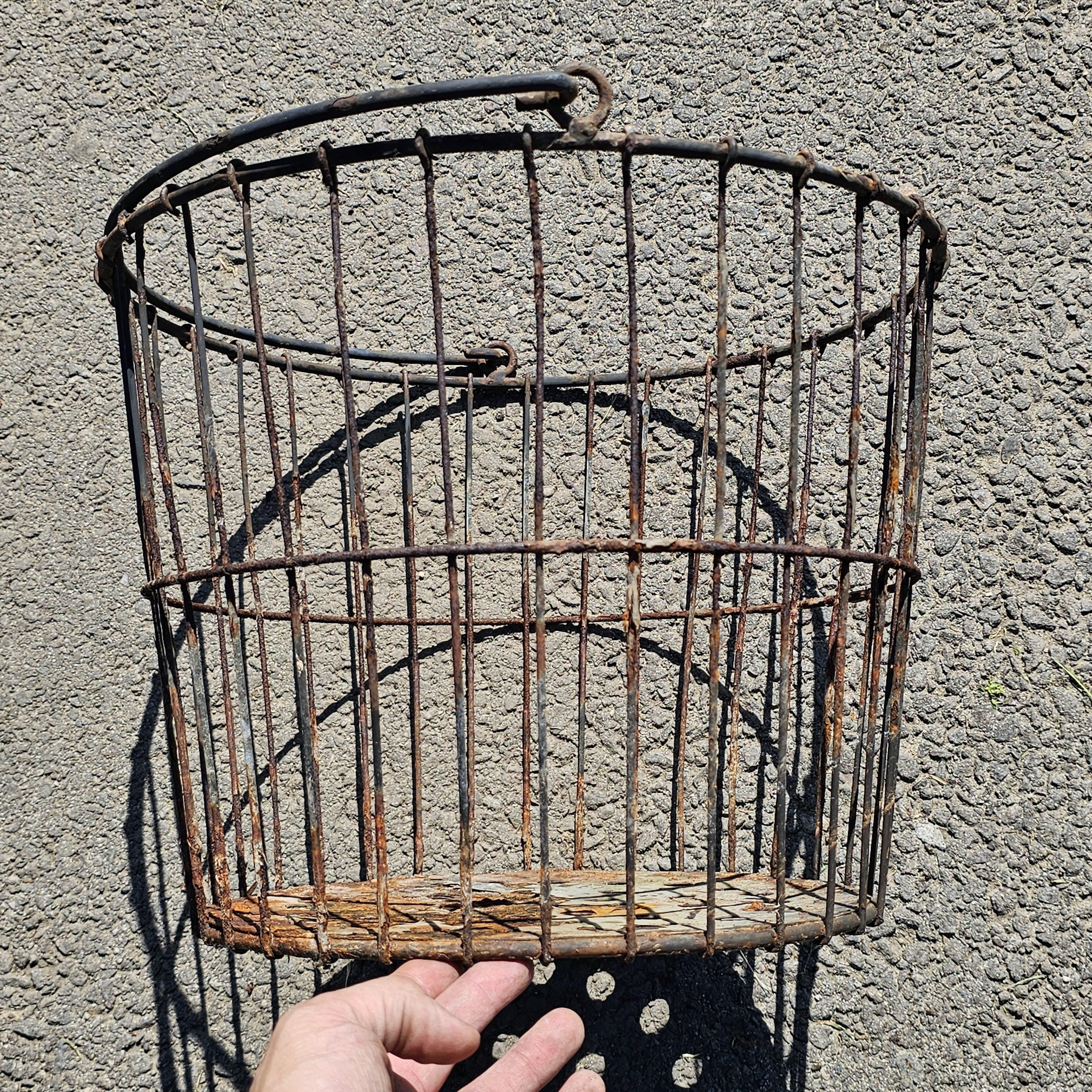 Vintage Rusty Wire Gathering Basket with Perforated Metal Base 15"Diam x 12"H