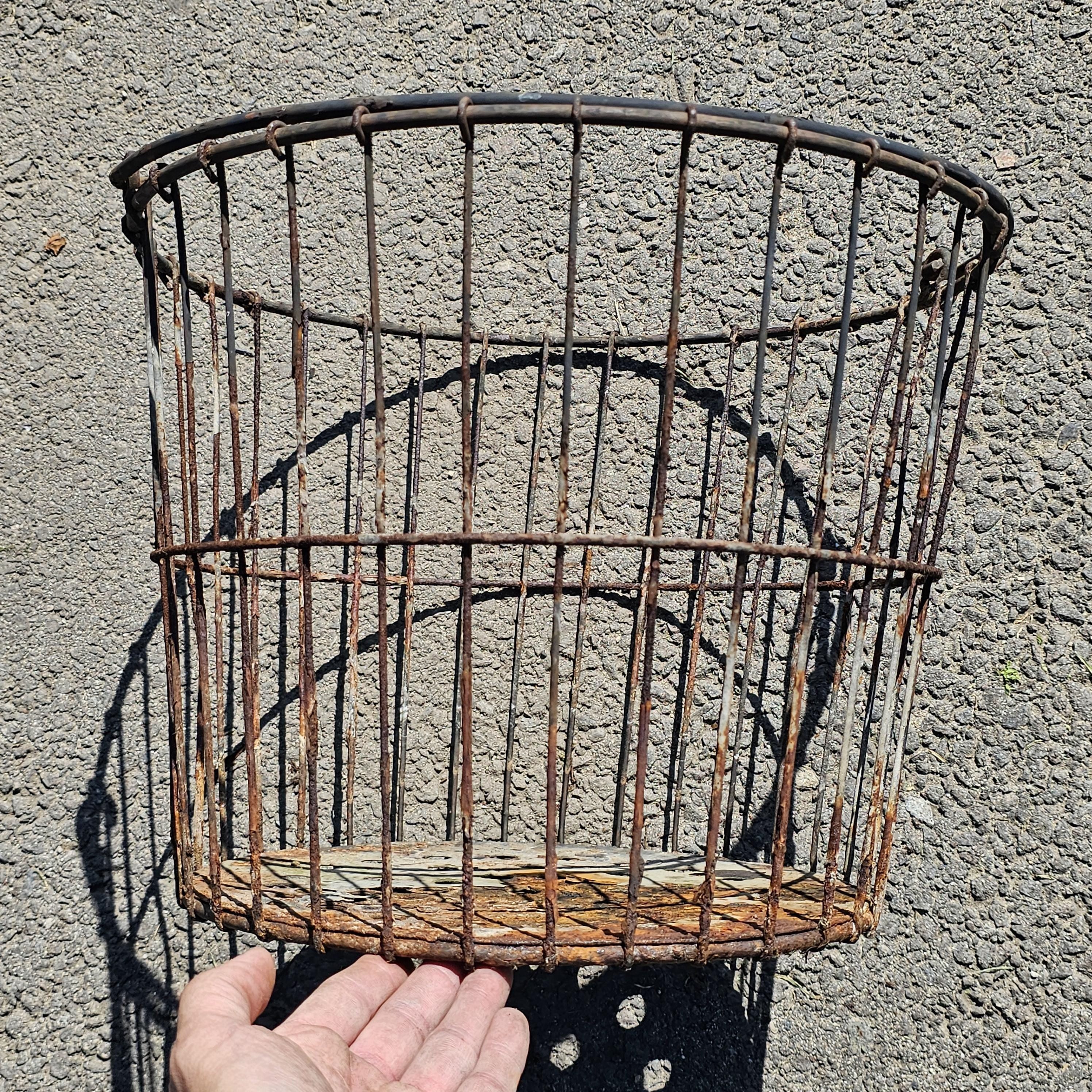 Vintage Rusty Wire Gathering Basket with Perforated Metal Base 15"Diam x 12"H