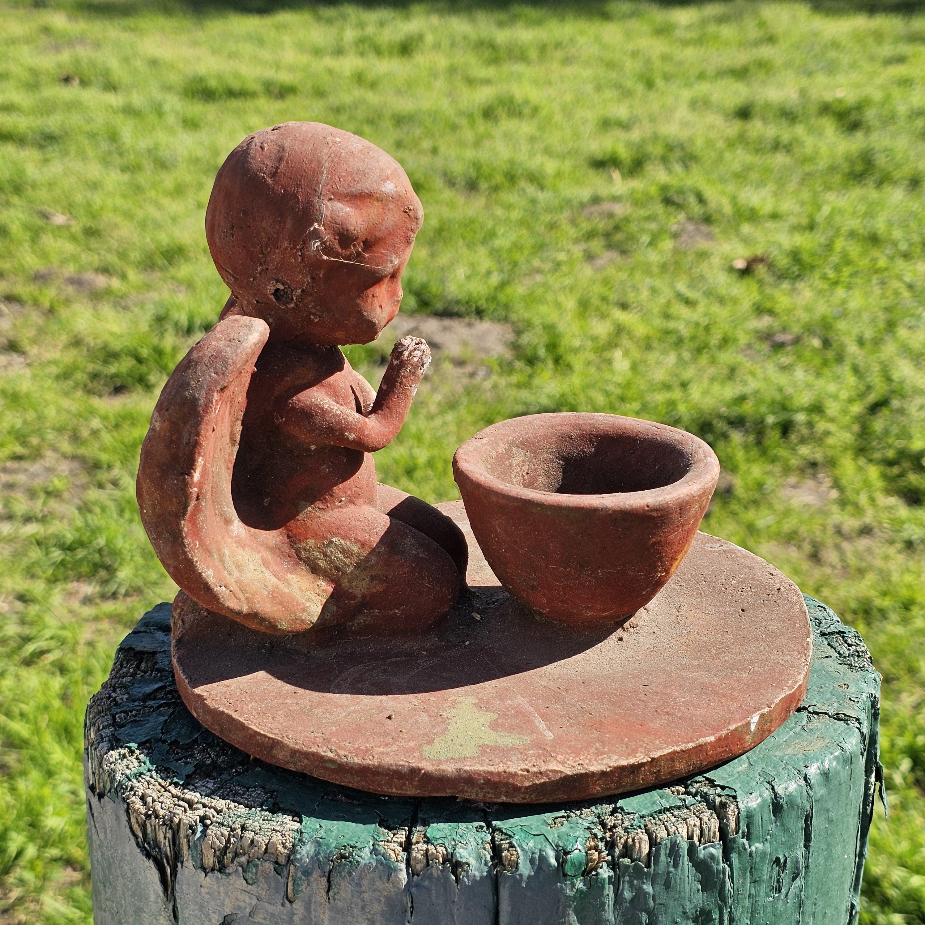 Clay Cherub Angel Candle Holder Copal Burning Bowl 7.5"Diam x 6.5"H