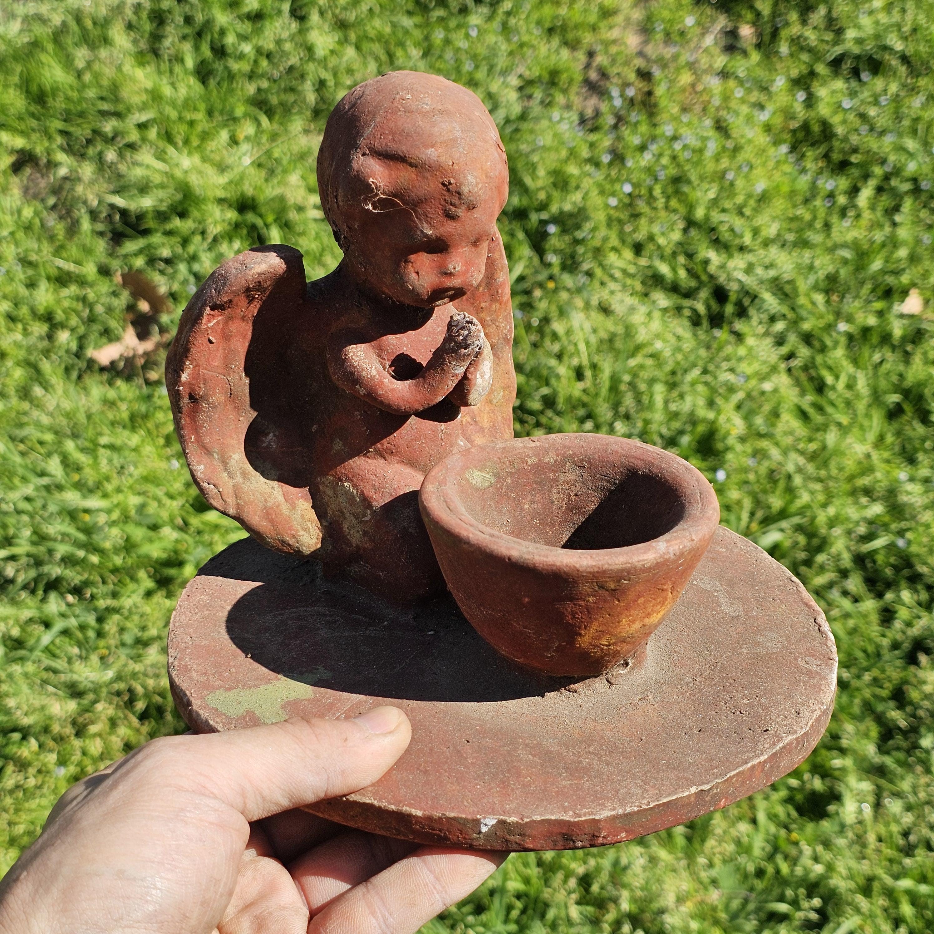 Clay Cherub Angel Candle Holder Copal Burning Bowl 7.5"Diam x 6.5"H