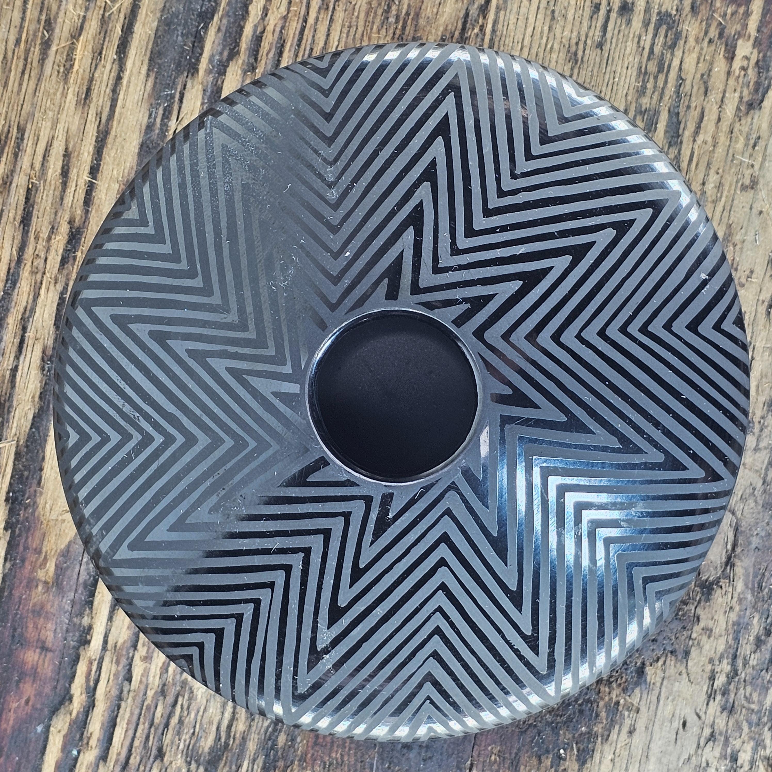 Mata Ortiz Geometric Black Pottery by Octavio Andrew 5"Diam x 2"H