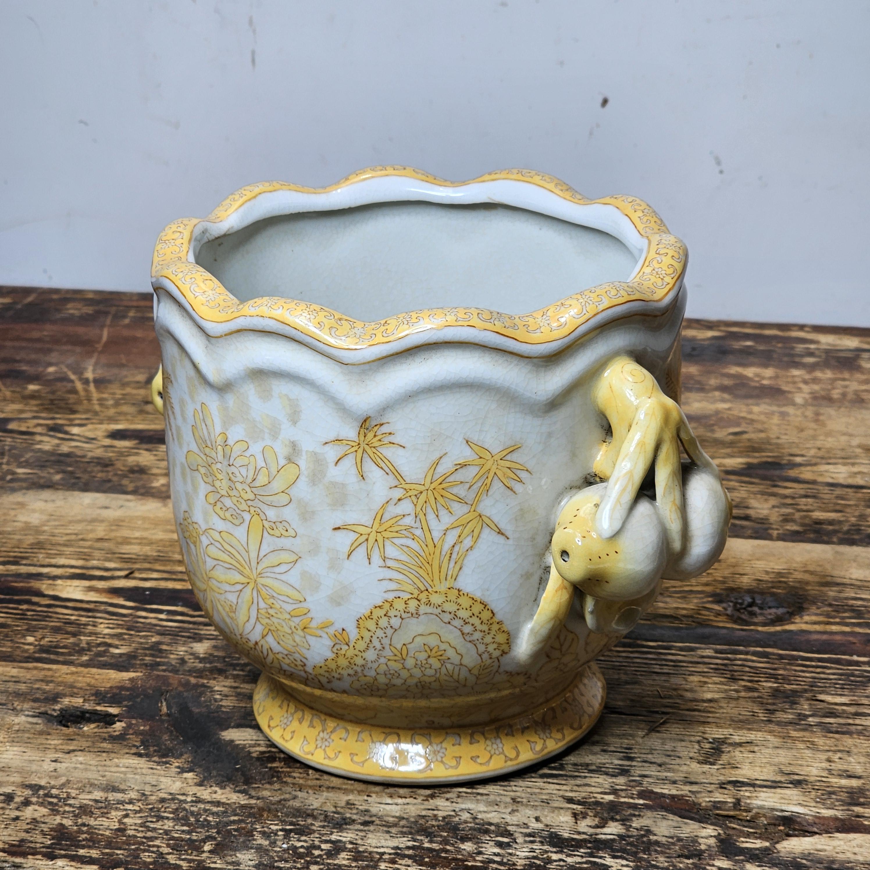 Yellow Decorated Porcelain Vase with Fruit Handles in Qianlong Style 6"H