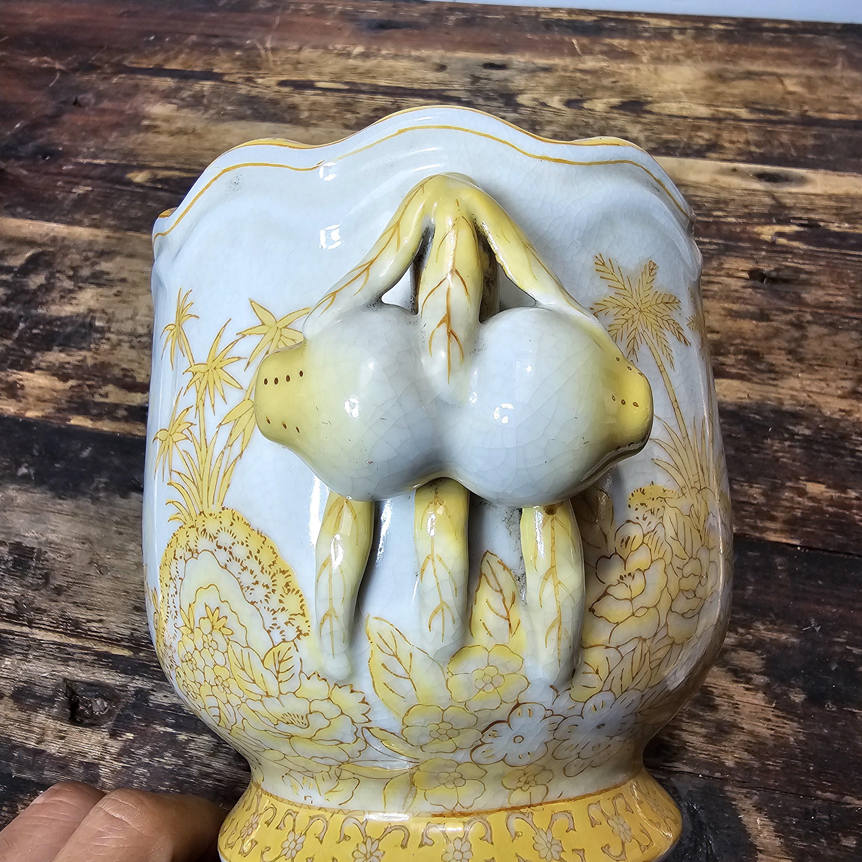 Yellow Decorated Porcelain Vase with Fruit Handles in Qianlong Style 6"H