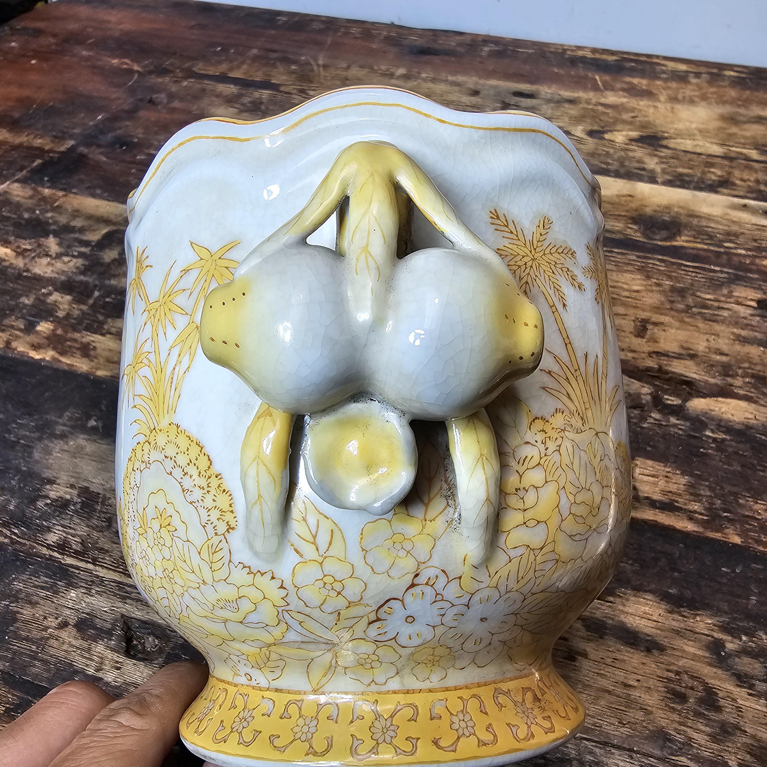 Yellow Decorated Porcelain Vase with Fruit Handles in Qianlong Style 6"H
