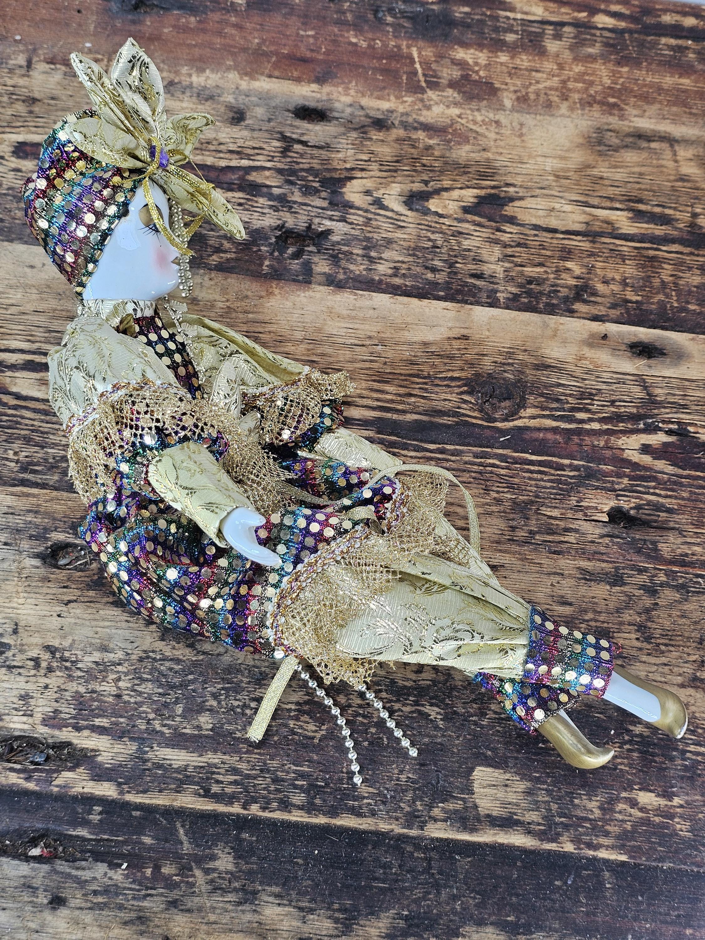 Mardi Gras Porcelain Jester Seated Doll 14"