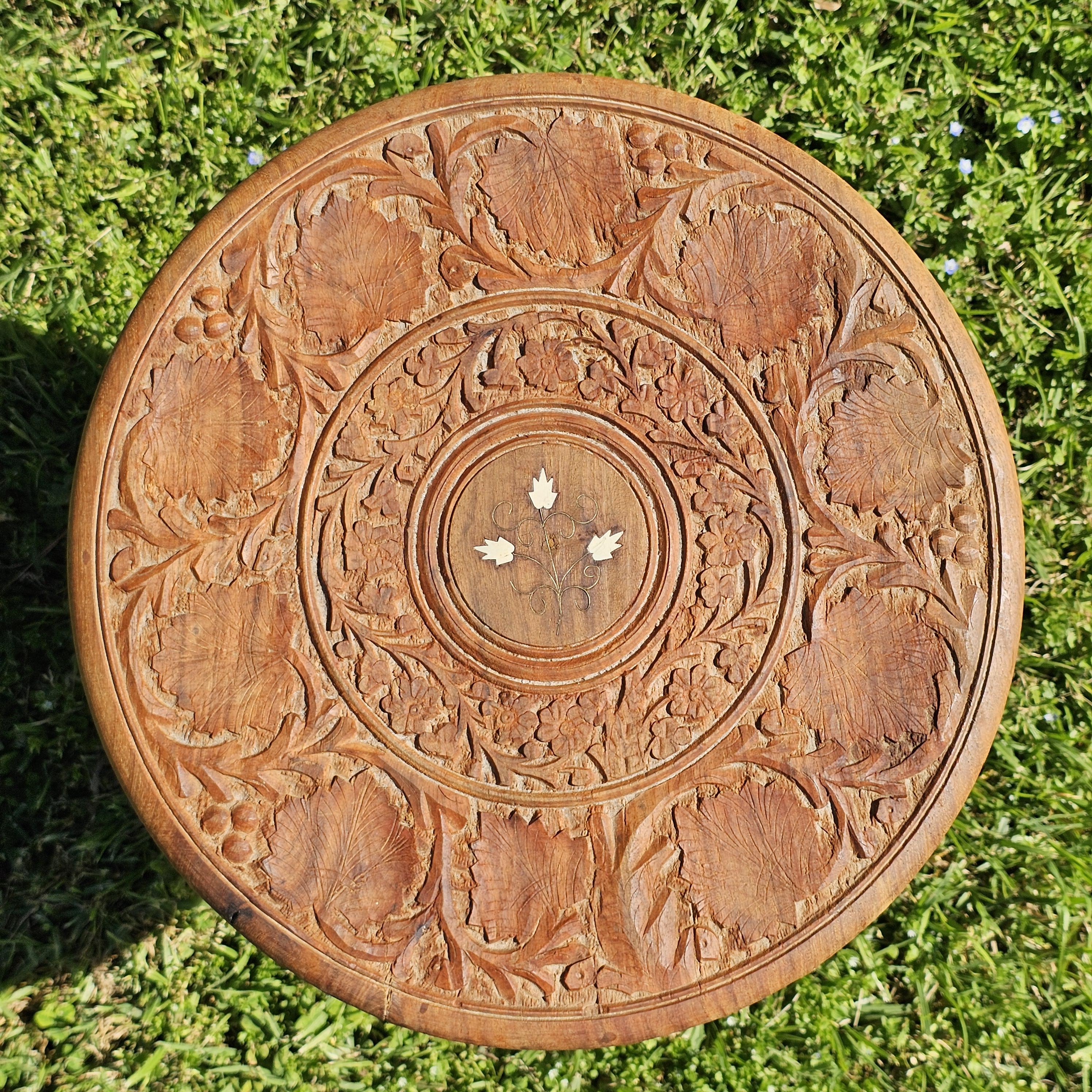 Vintage Indian Hand-Carved Small Wooden Table/Plant Stand 14"Diam x 16"H