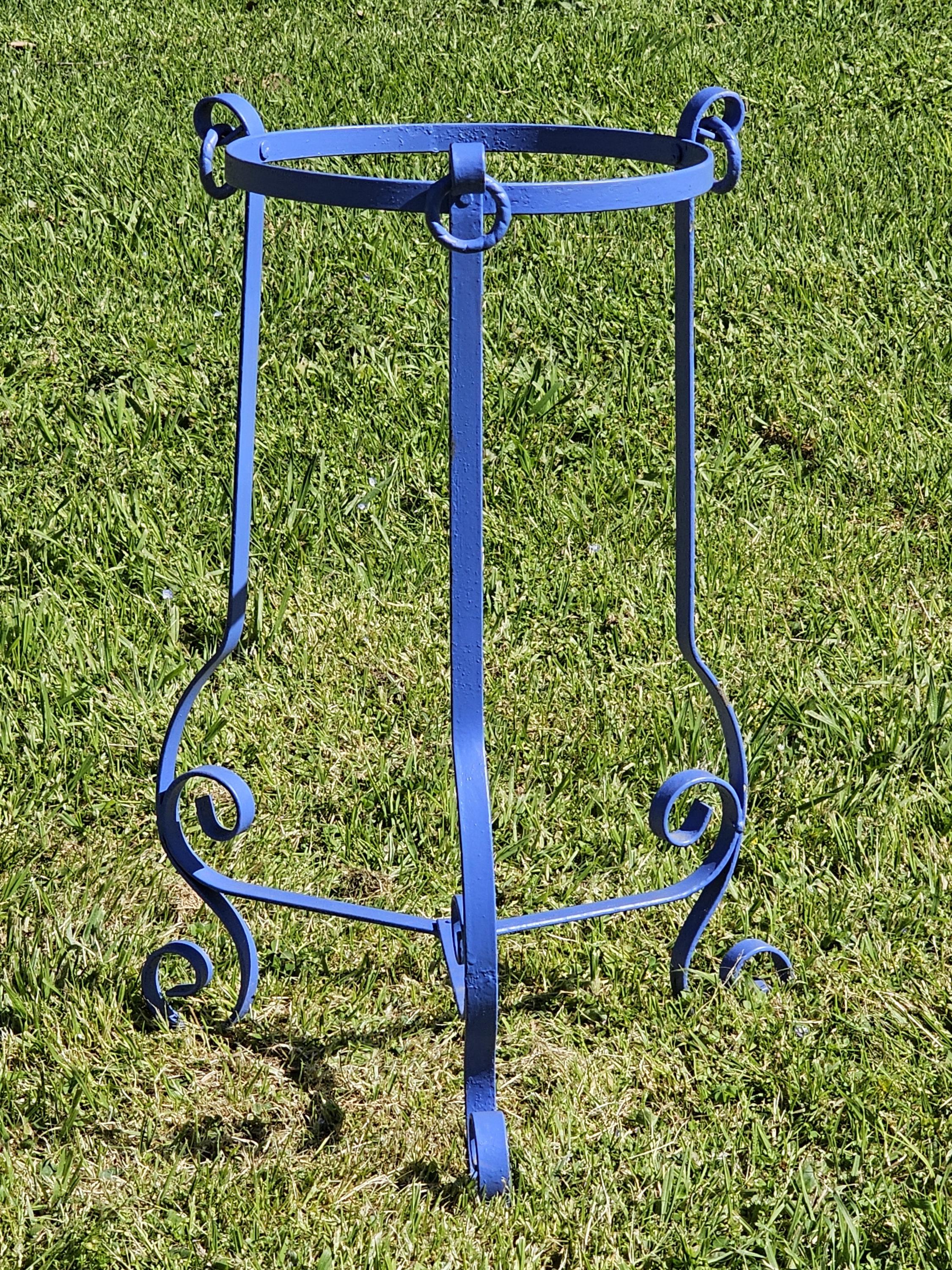 Vintage Decorative Scrollwork Blue Metal Plant Stand 22.5"H × 15.5"W × 15.5"D