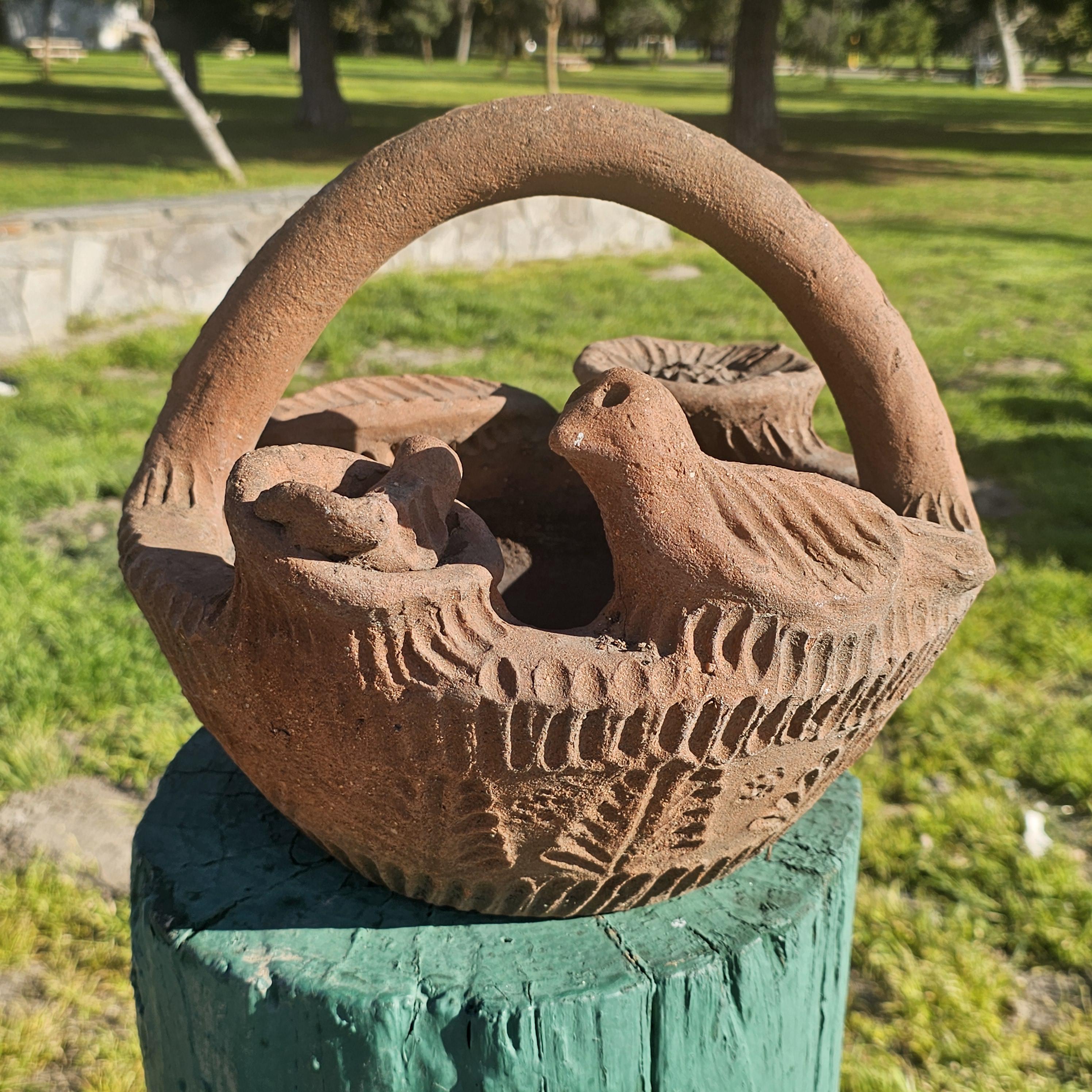Mexican Folk Art Terracotta Bird Motif Basket Planter