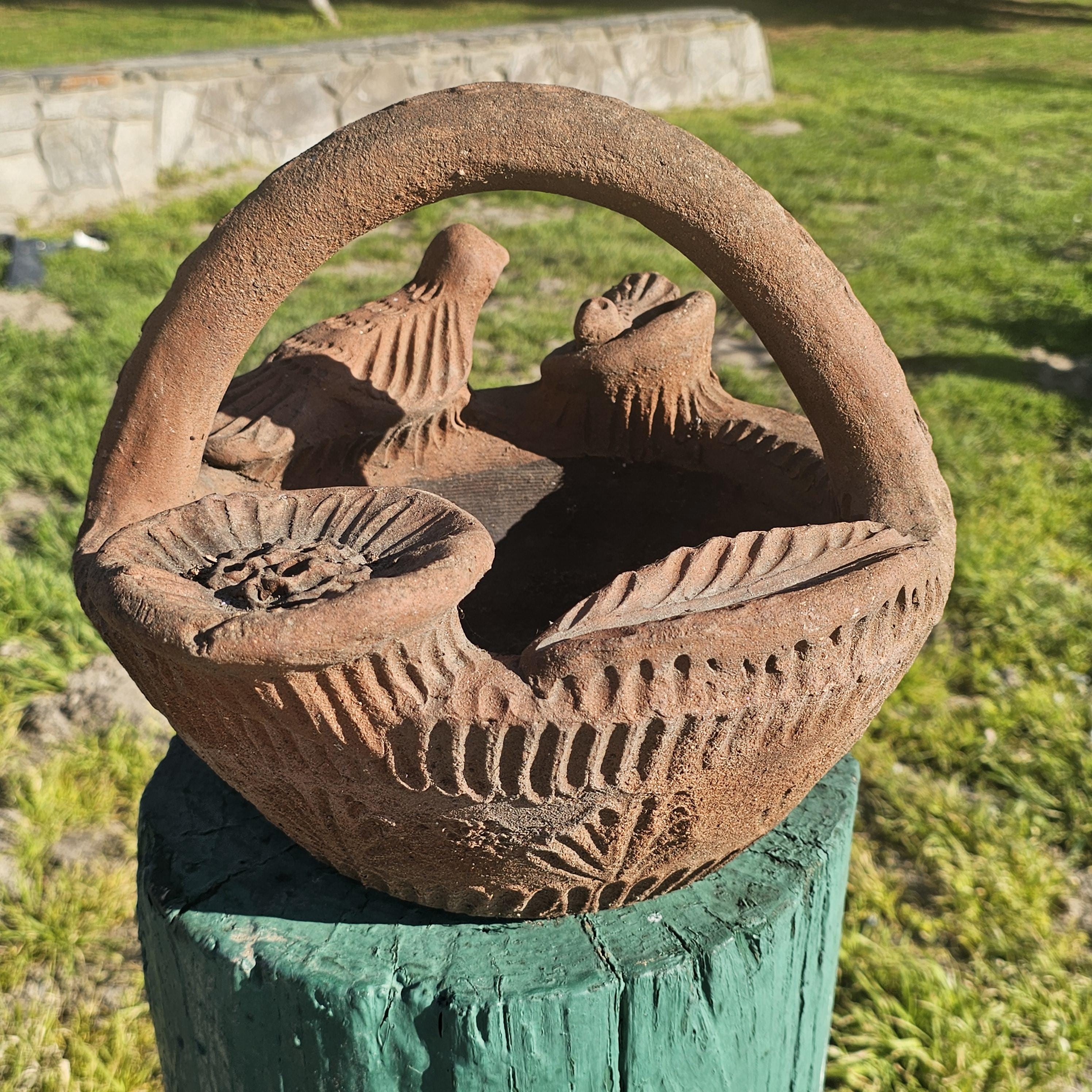 Mexican Folk Art Terracotta Bird Motif Basket Planter