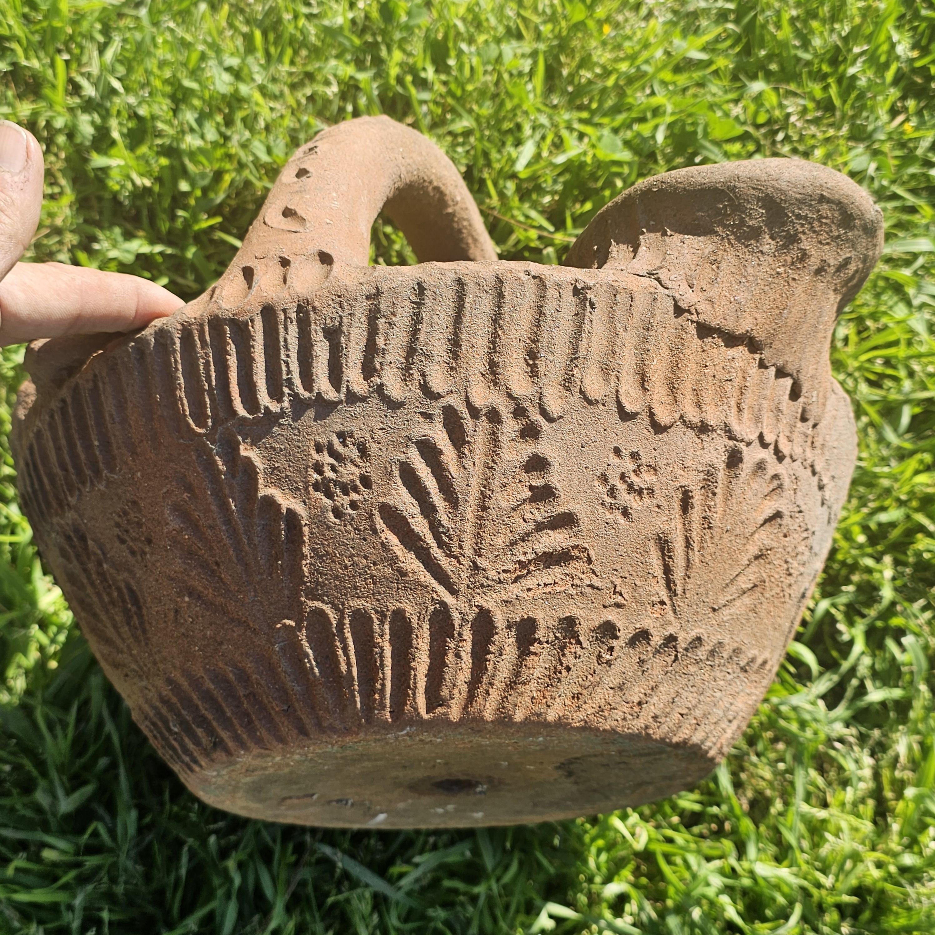 Mexican Folk Art Terracotta Bird Motif Basket Planter