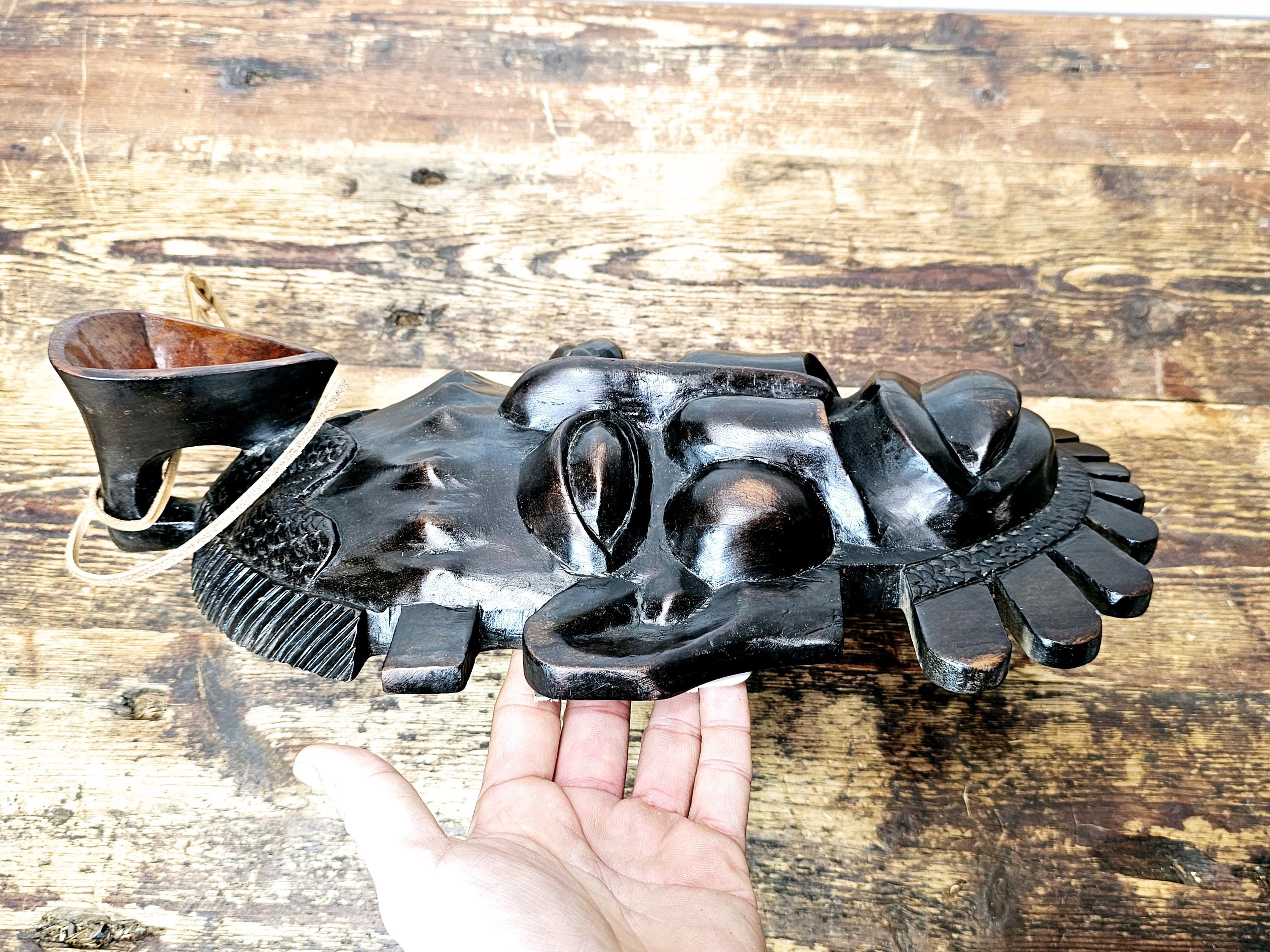 Ebony-Finish Wood Carving - Senufo Tribal Mask (Ivory Coast) 9"W x 15.5"H