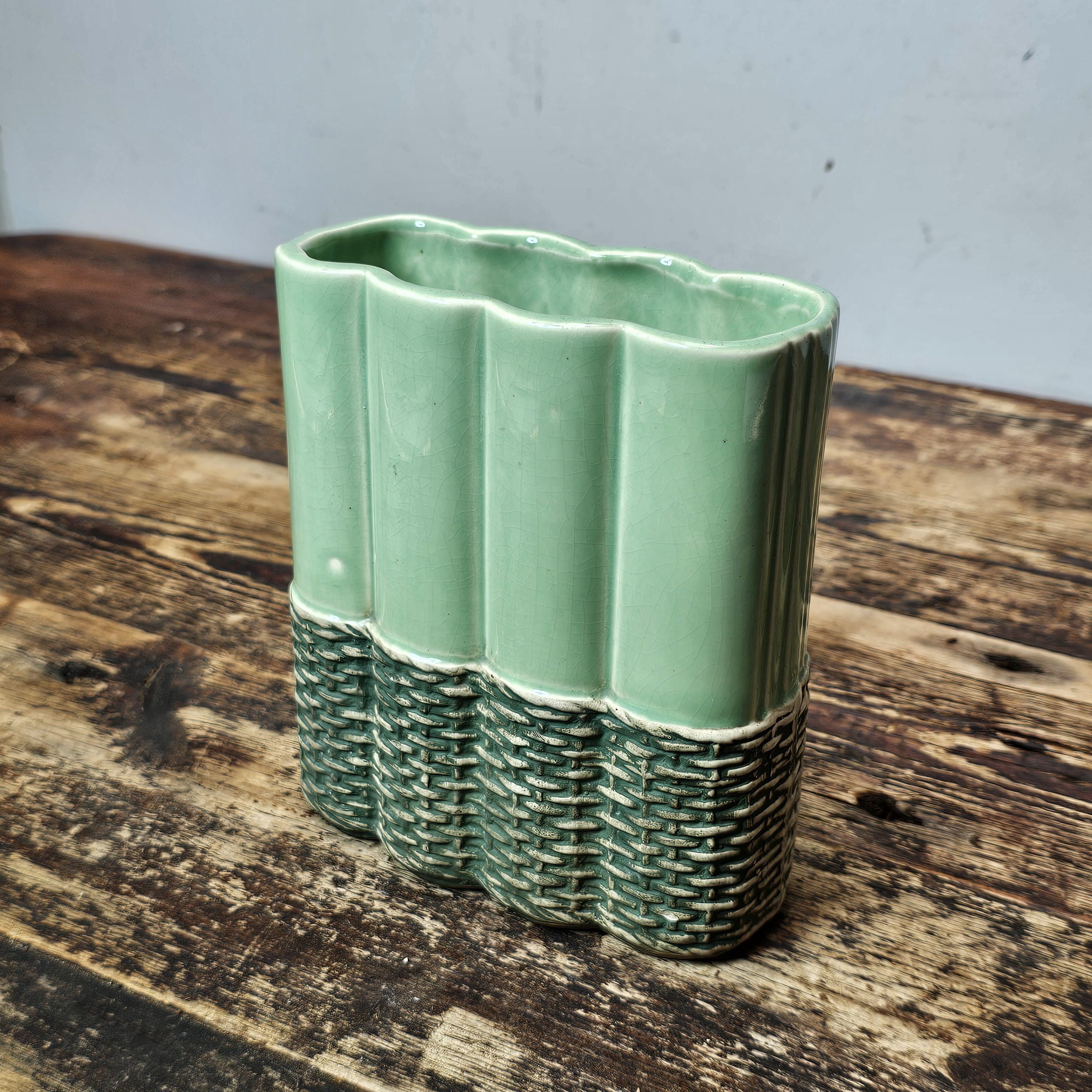 McCoy Green Basket Weave Planter Art Pottery 6.5"H