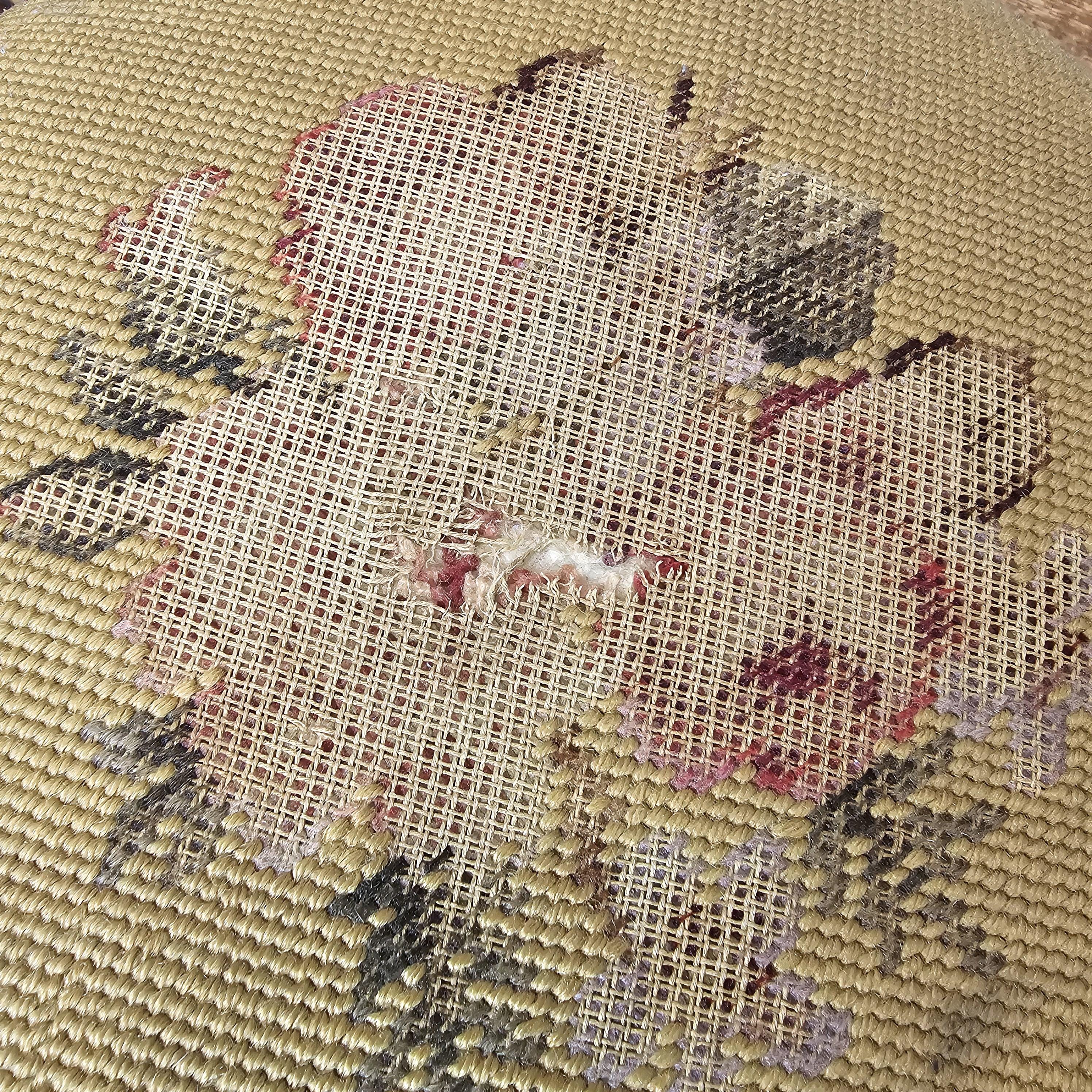 Antique French Petit Point Embroidered Footstool 11.5"Diam × 7.5"H