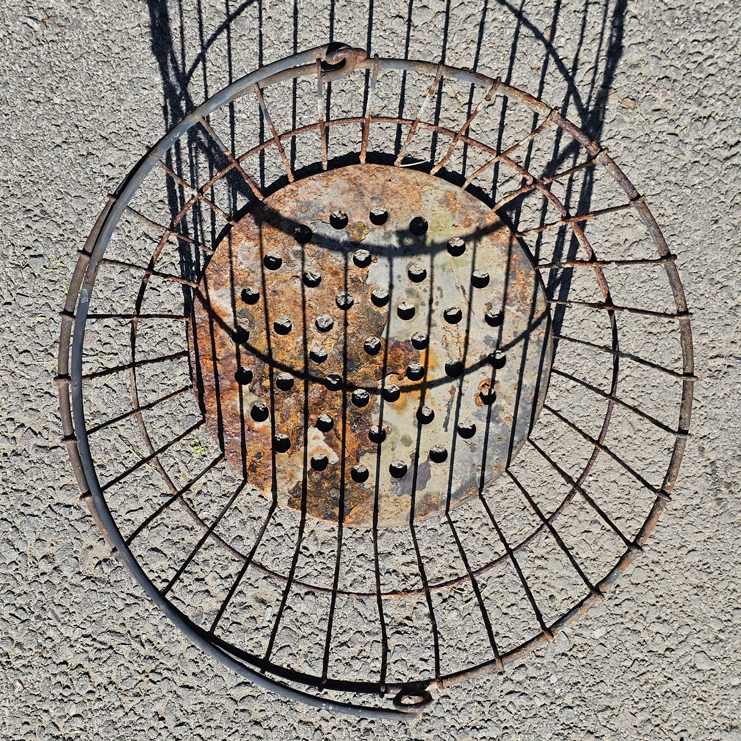 Vintage Rusty Wire Gathering Basket with Perforated Metal Base 15"Diam x 12"H