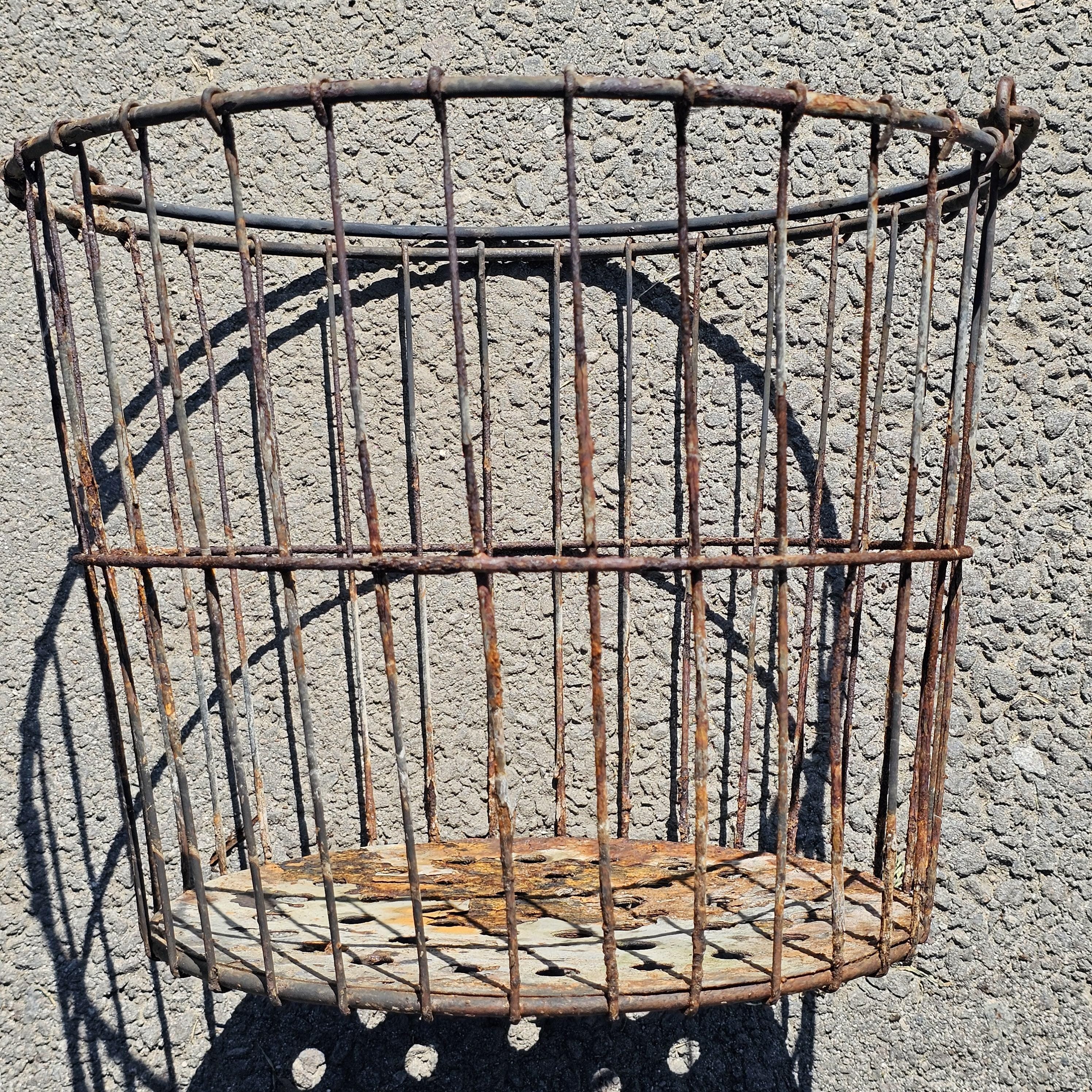 Vintage Rusty Wire Gathering Basket with Perforated Metal Base 15"Diam x 12"H