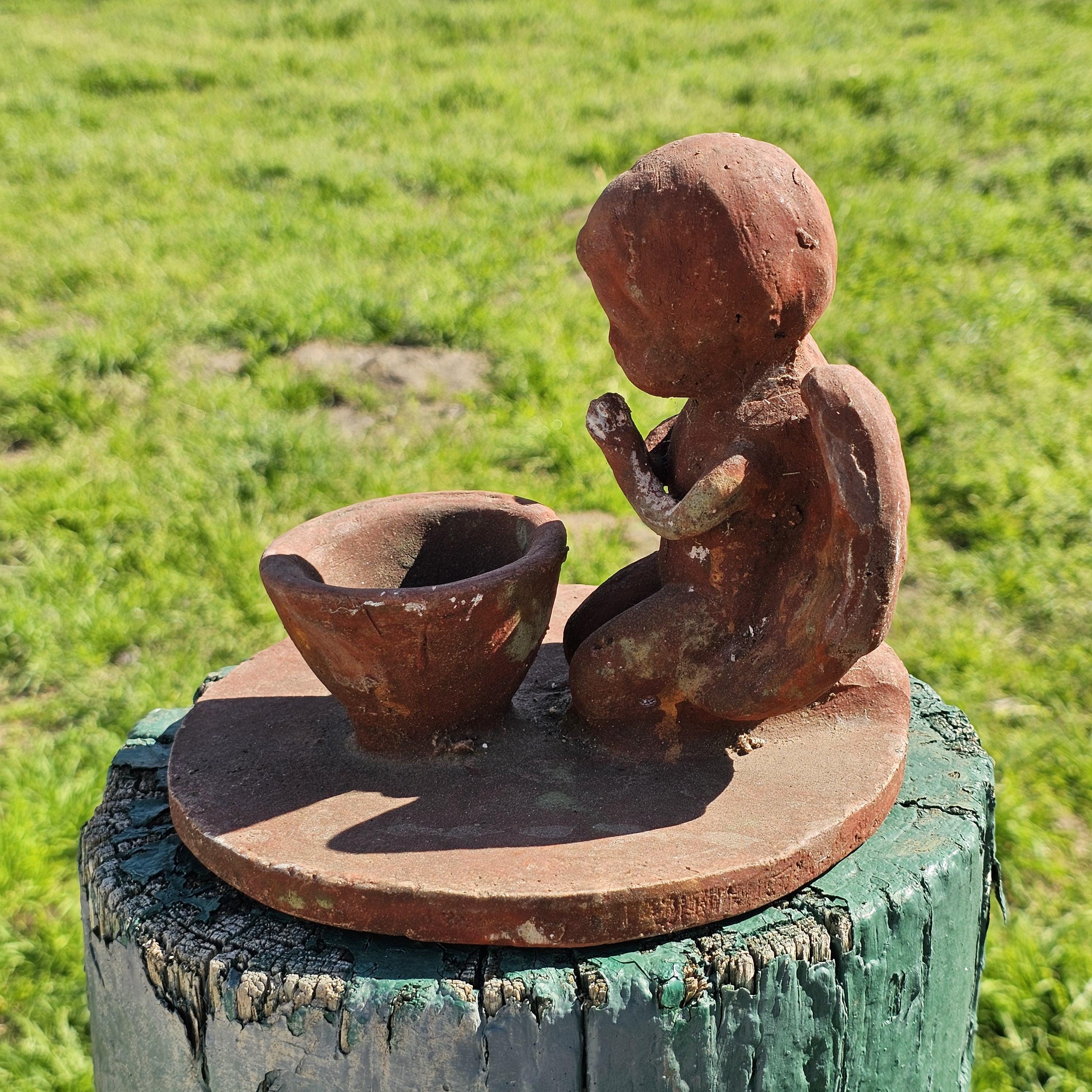 Clay Cherub Angel Candle Holder Copal Burning Bowl 7.5"Diam x 6.5"H