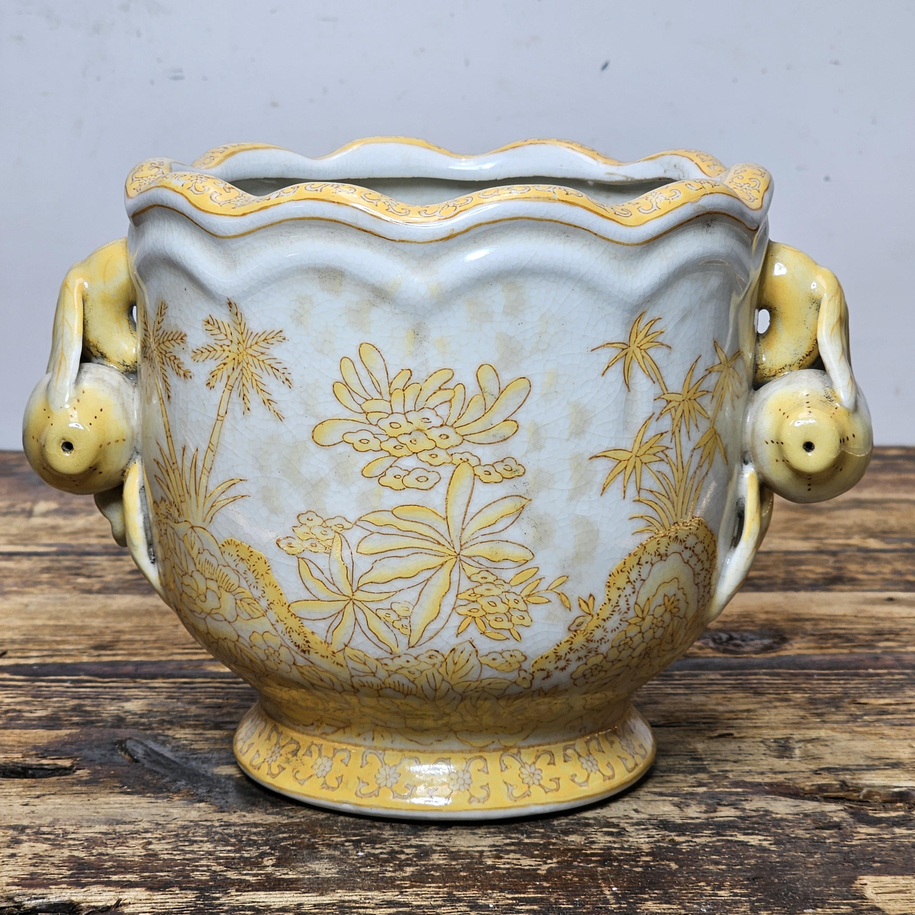 Yellow Decorated Porcelain Vase with Fruit Handles in Qianlong Style 6"H