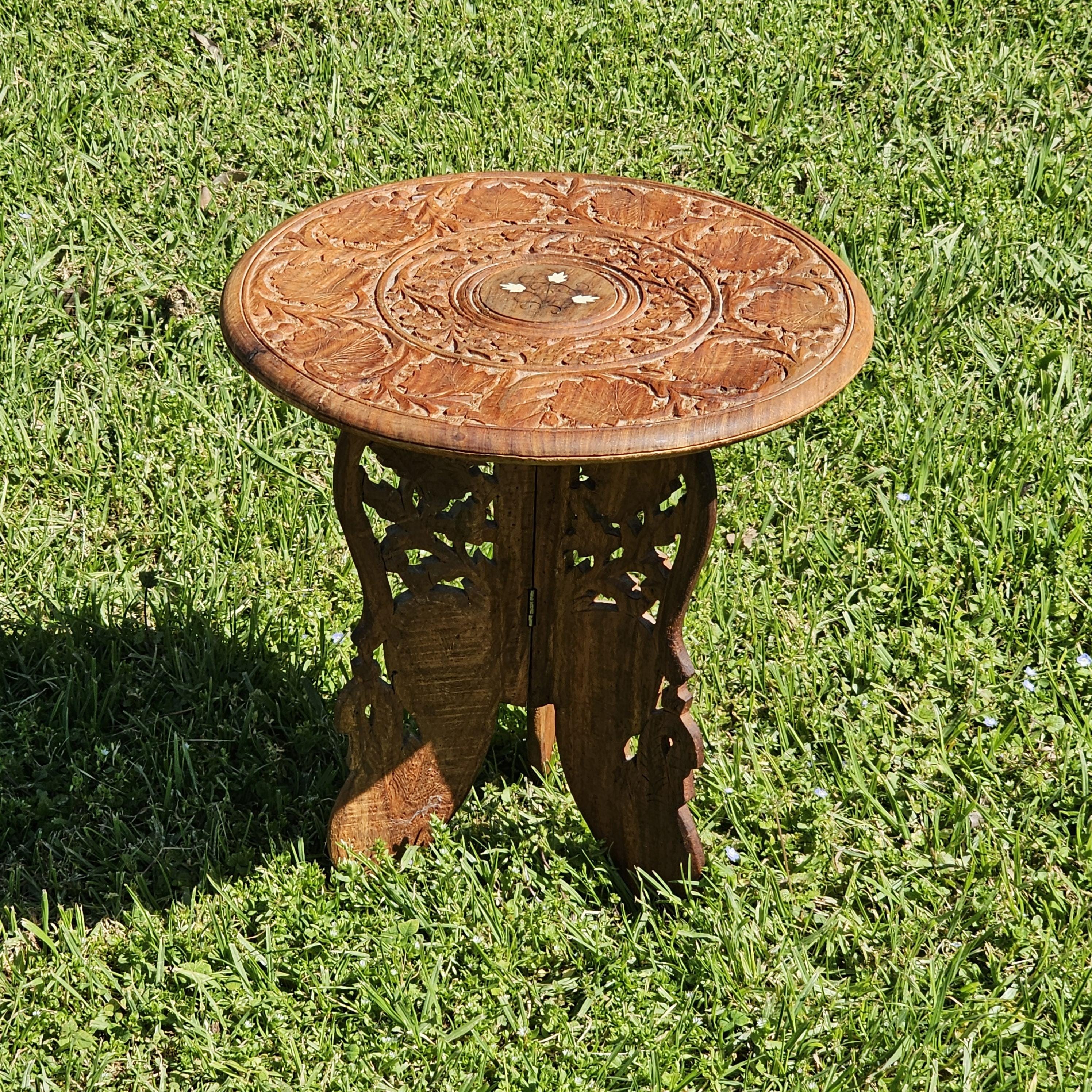 Vintage Indian Hand-Carved Small Wooden Table/Plant Stand 14"Diam x 16"H