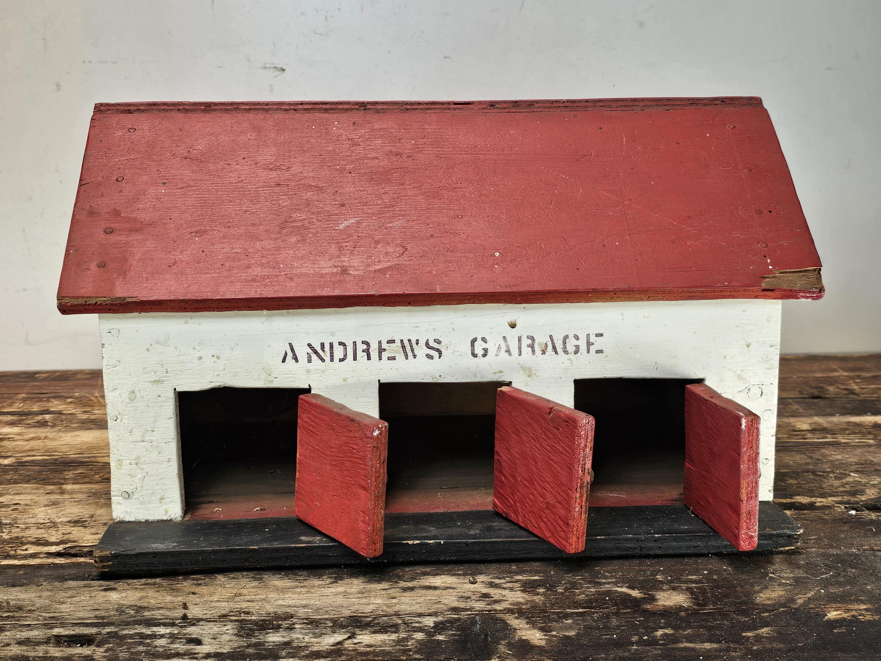 Vintage Folk Art "Andrew's Garage" Wooden 3-Bay Garage Model, 1970s