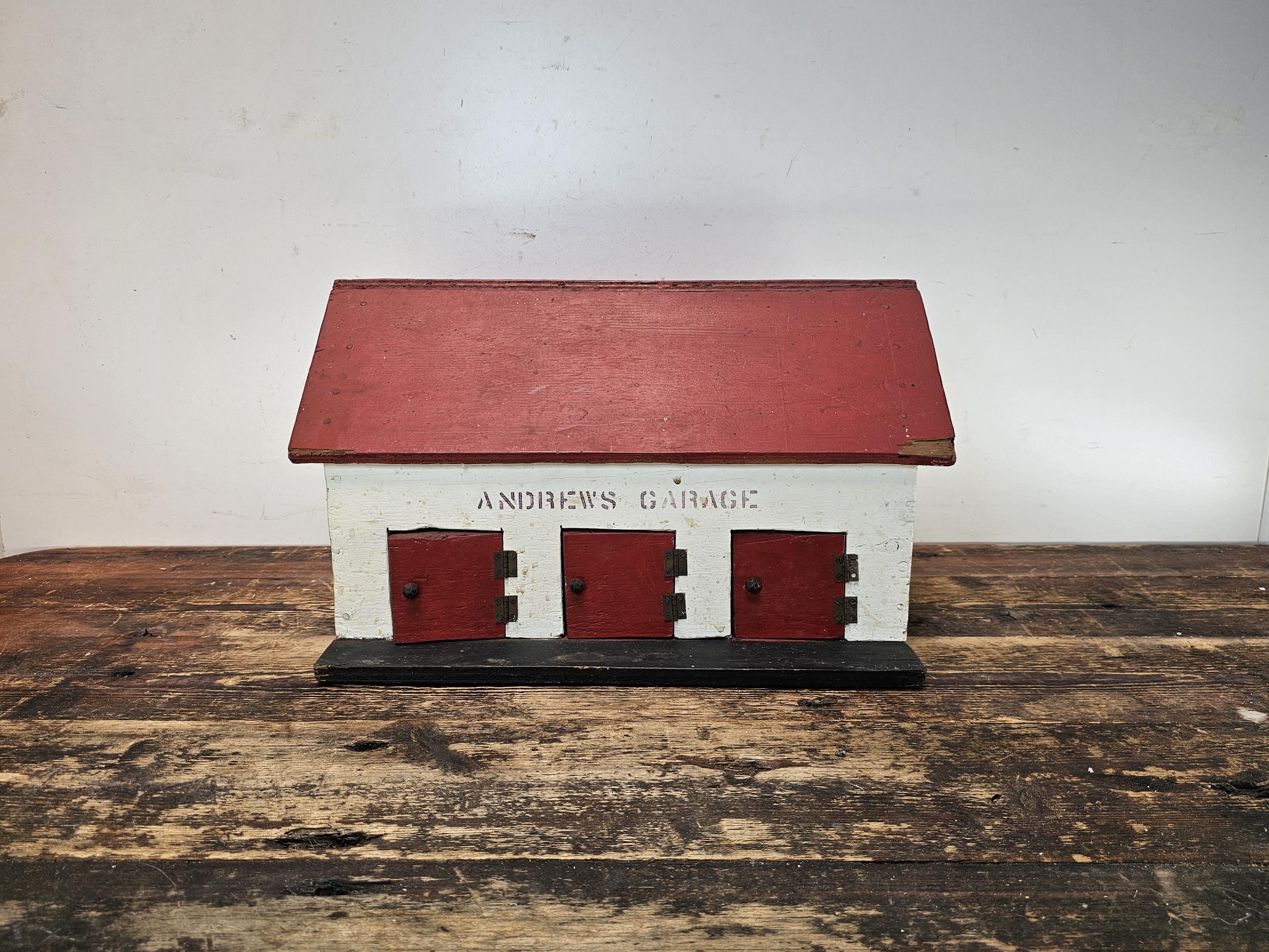 Vintage Folk Art "Andrew's Garage" Wooden 3-Bay Garage Model, 1970s