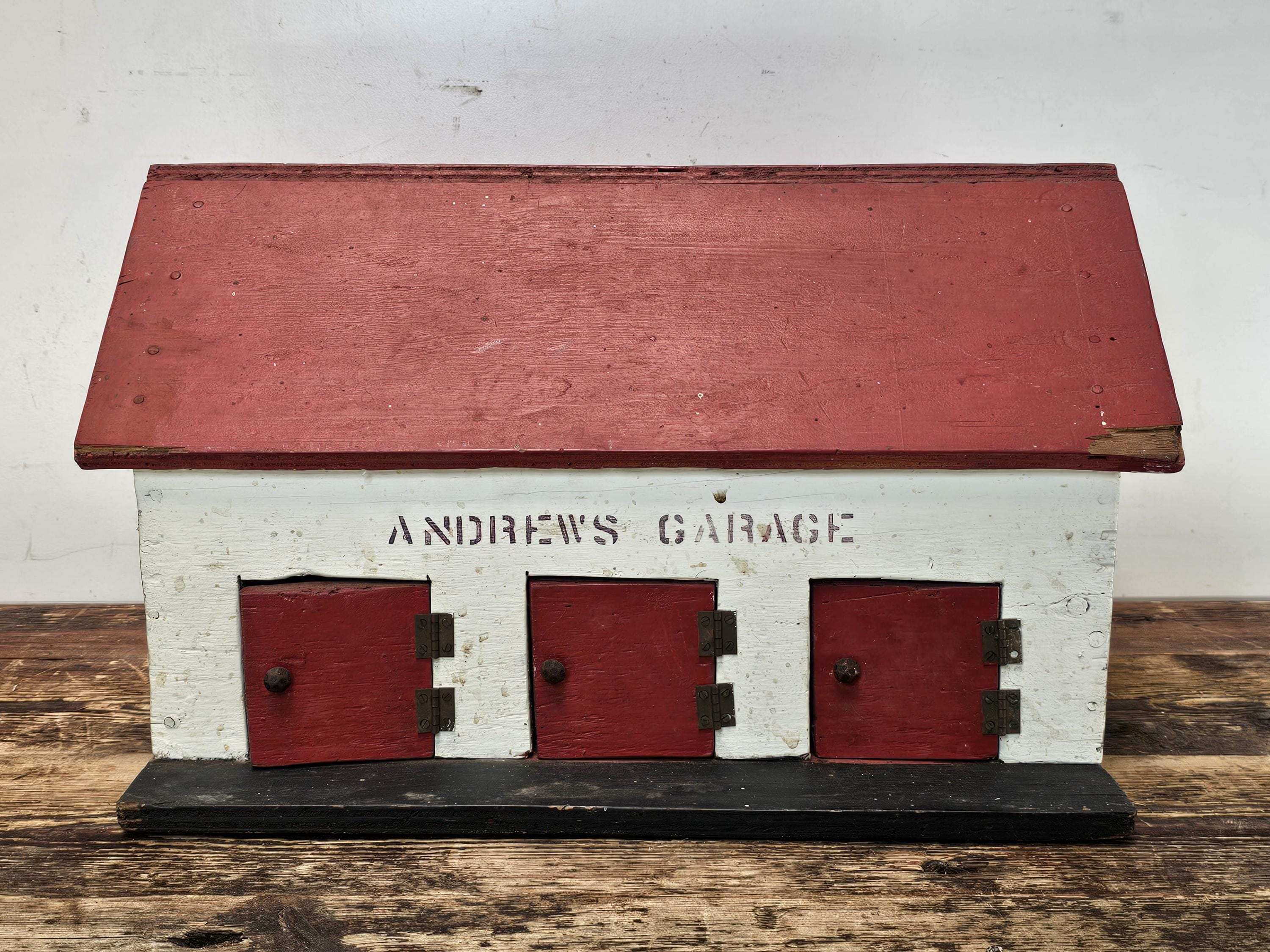 Vintage Folk Art "Andrew's Garage" Wooden 3-Bay Garage Model, 1970s