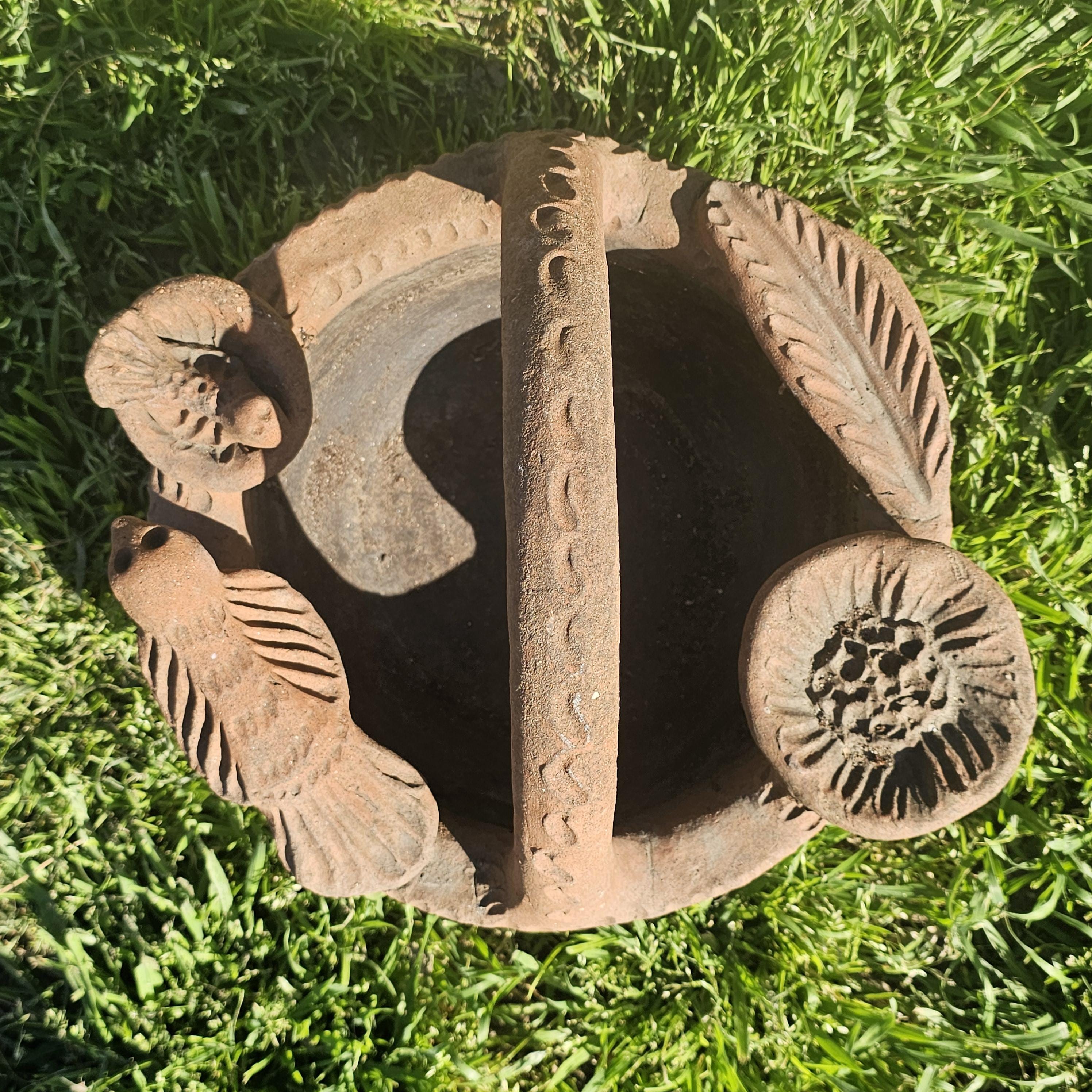Mexican Folk Art Terracotta Bird Motif Basket Planter