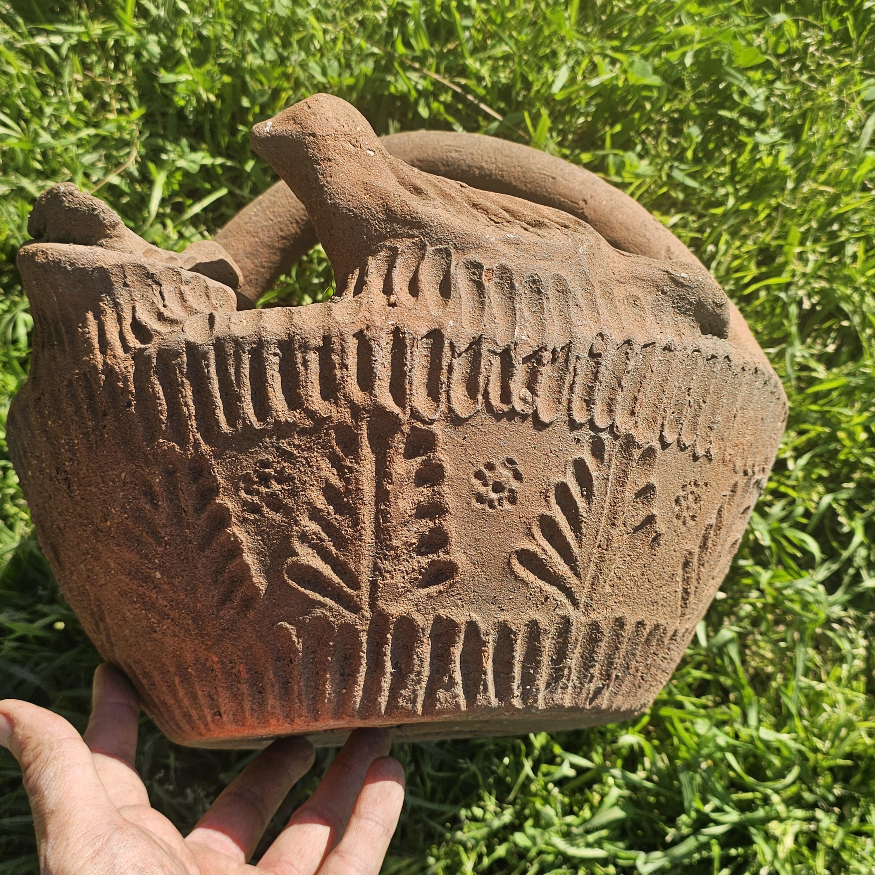 Mexican Folk Art Terracotta Bird Motif Basket Planter