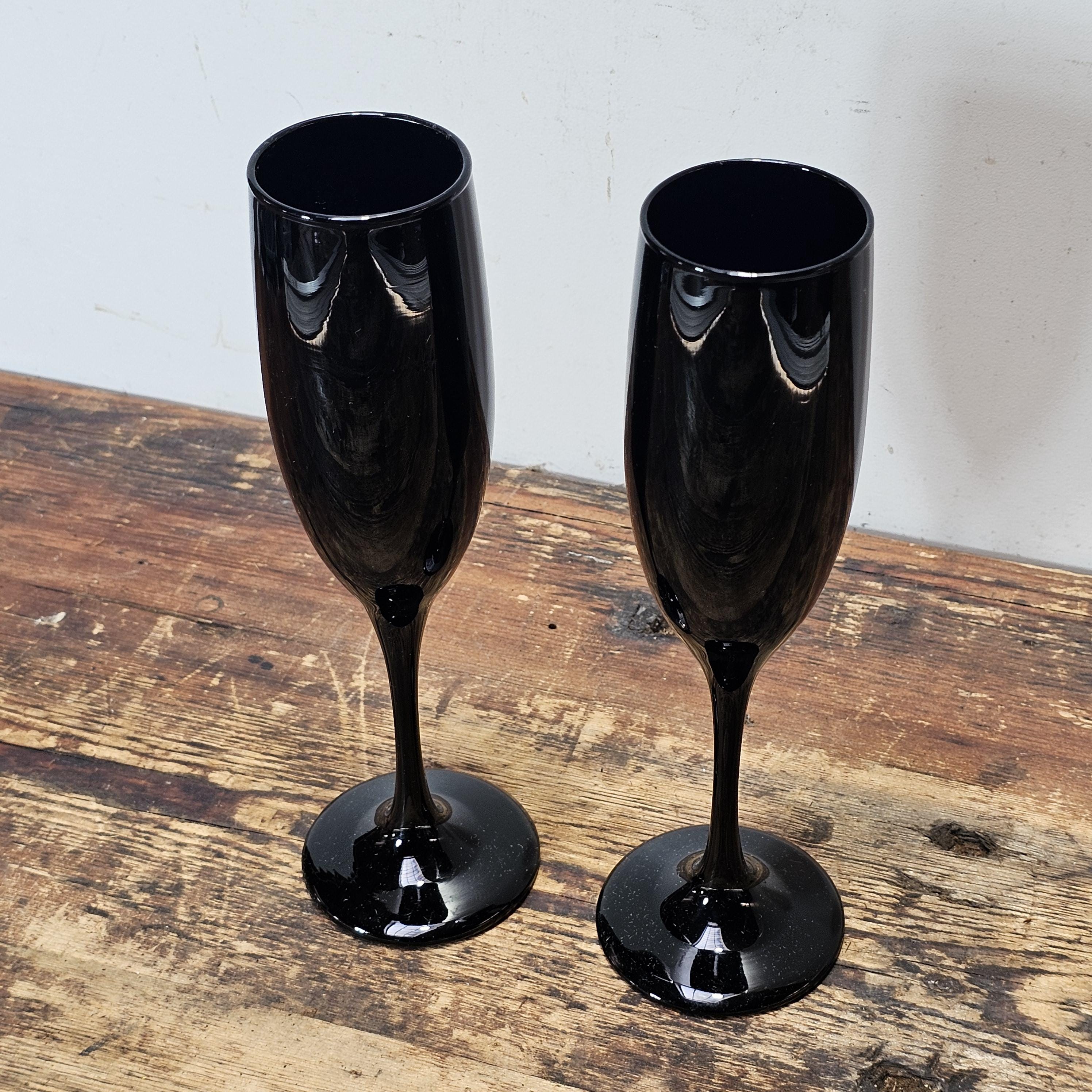 Set of 2 Vintage Black Amethyst Glass Libbey Premiere Champagne Flutes 9"H