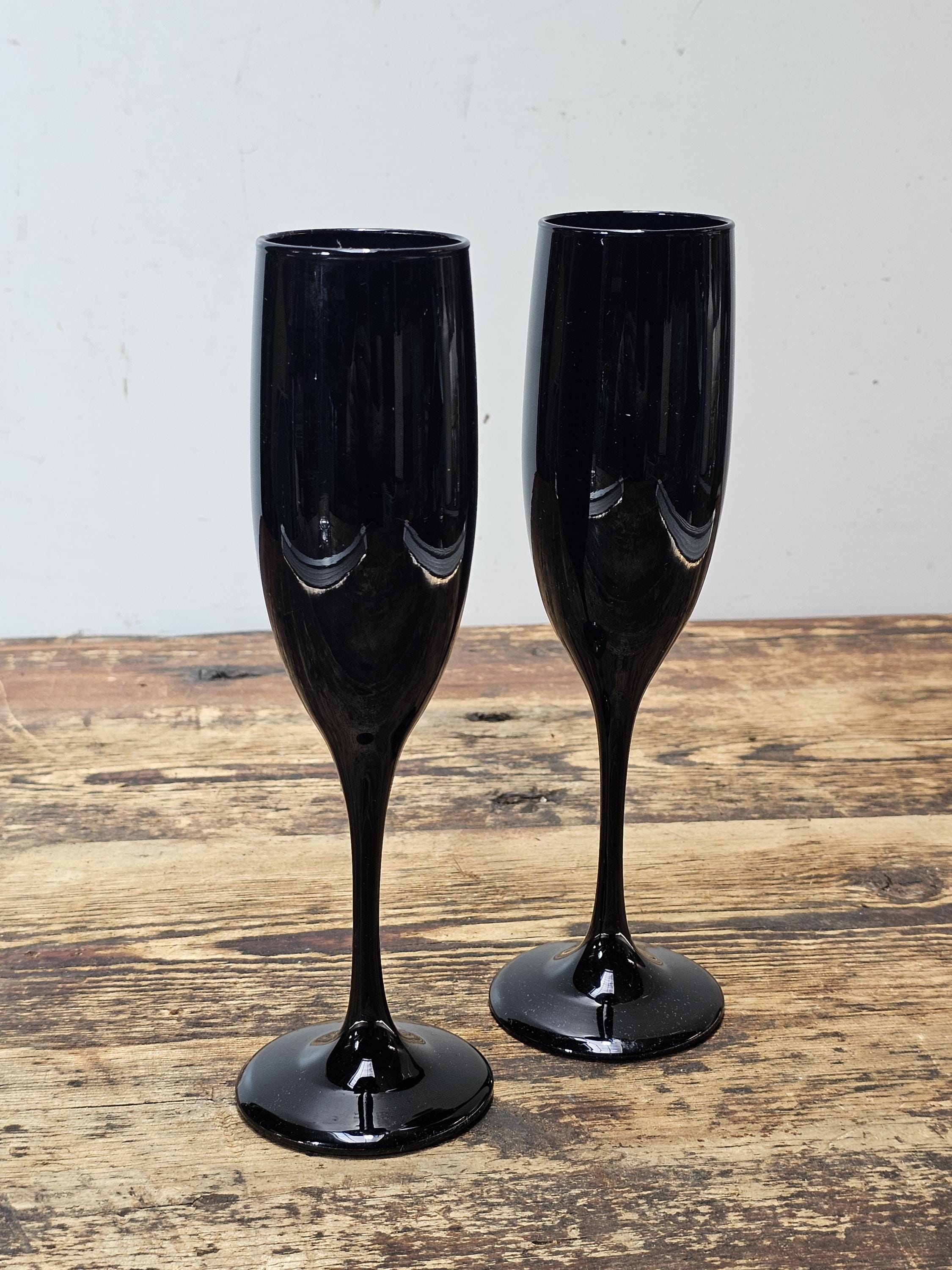 Set of 2 Vintage Black Amethyst Glass Libbey Premiere Champagne Flutes 9"H