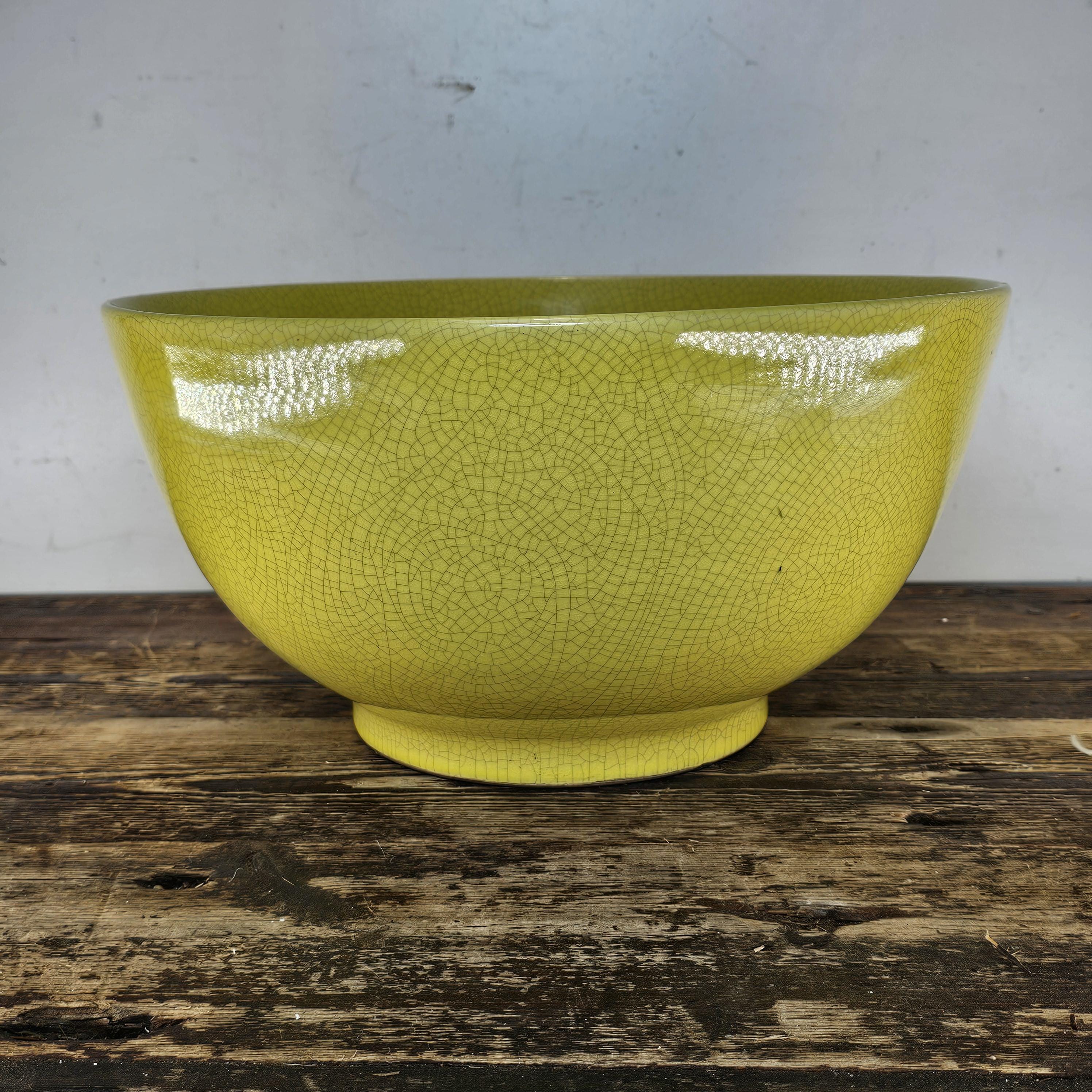 Handcrafted Large Yellow Crackle Glaze Ceramic Bowl 14.5"Diam x 7.5"H