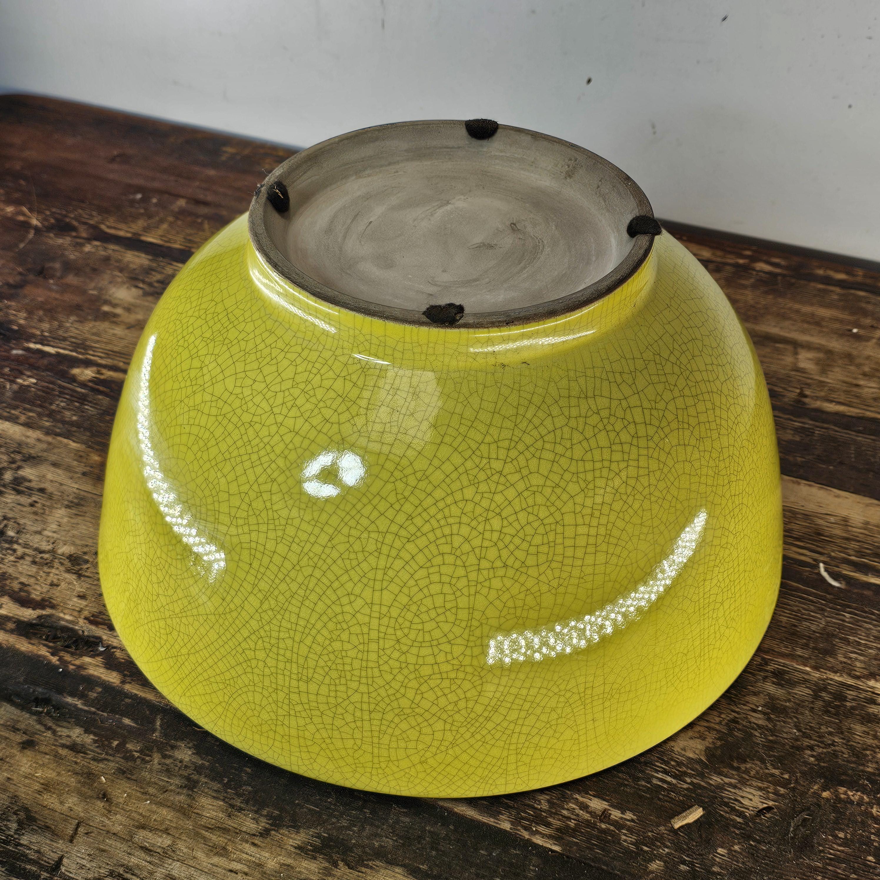 Handcrafted Large Yellow Crackle Glaze Ceramic Bowl 14.5"Diam x 7.5"H