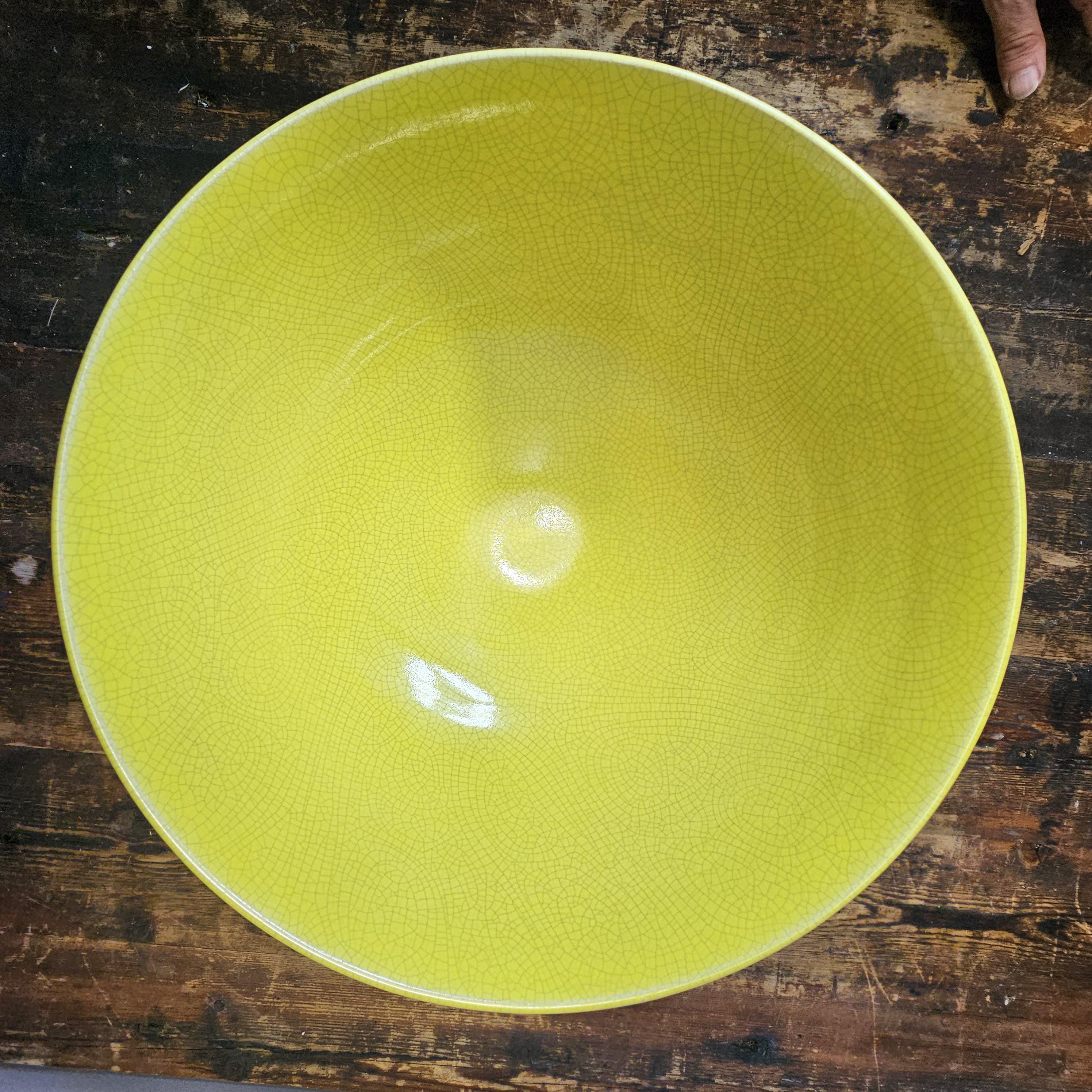 Handcrafted Large Yellow Crackle Glaze Ceramic Bowl 14.5"Diam x 7.5"H