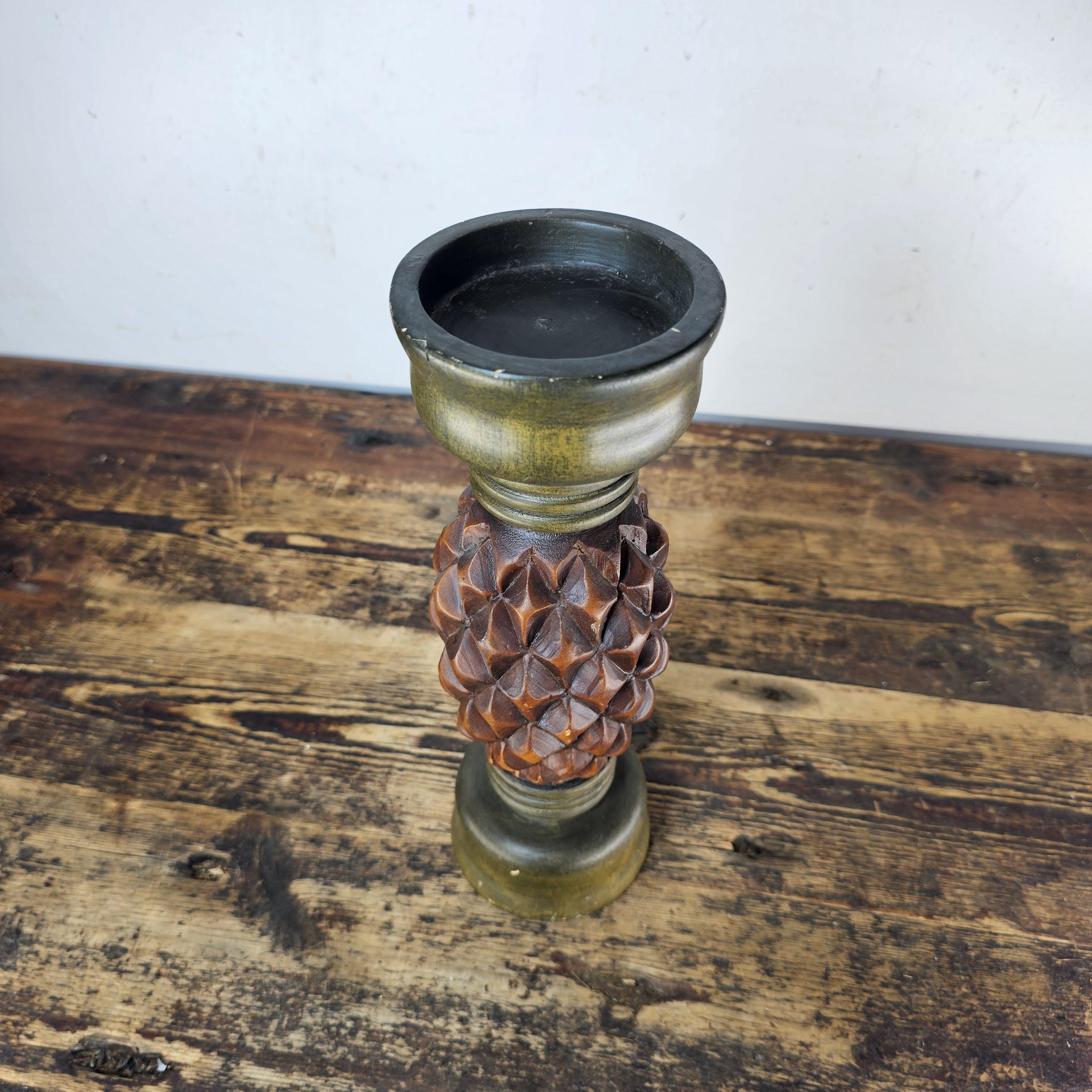 Hand Carved Wood Pineapple Diamond Candle Sticks 12"H