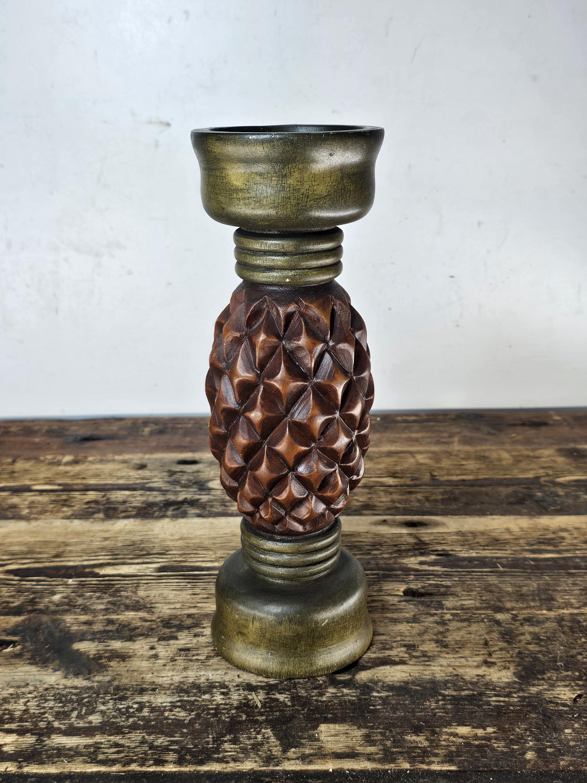 Hand Carved Wood Pineapple Diamond Candle Sticks 12"H