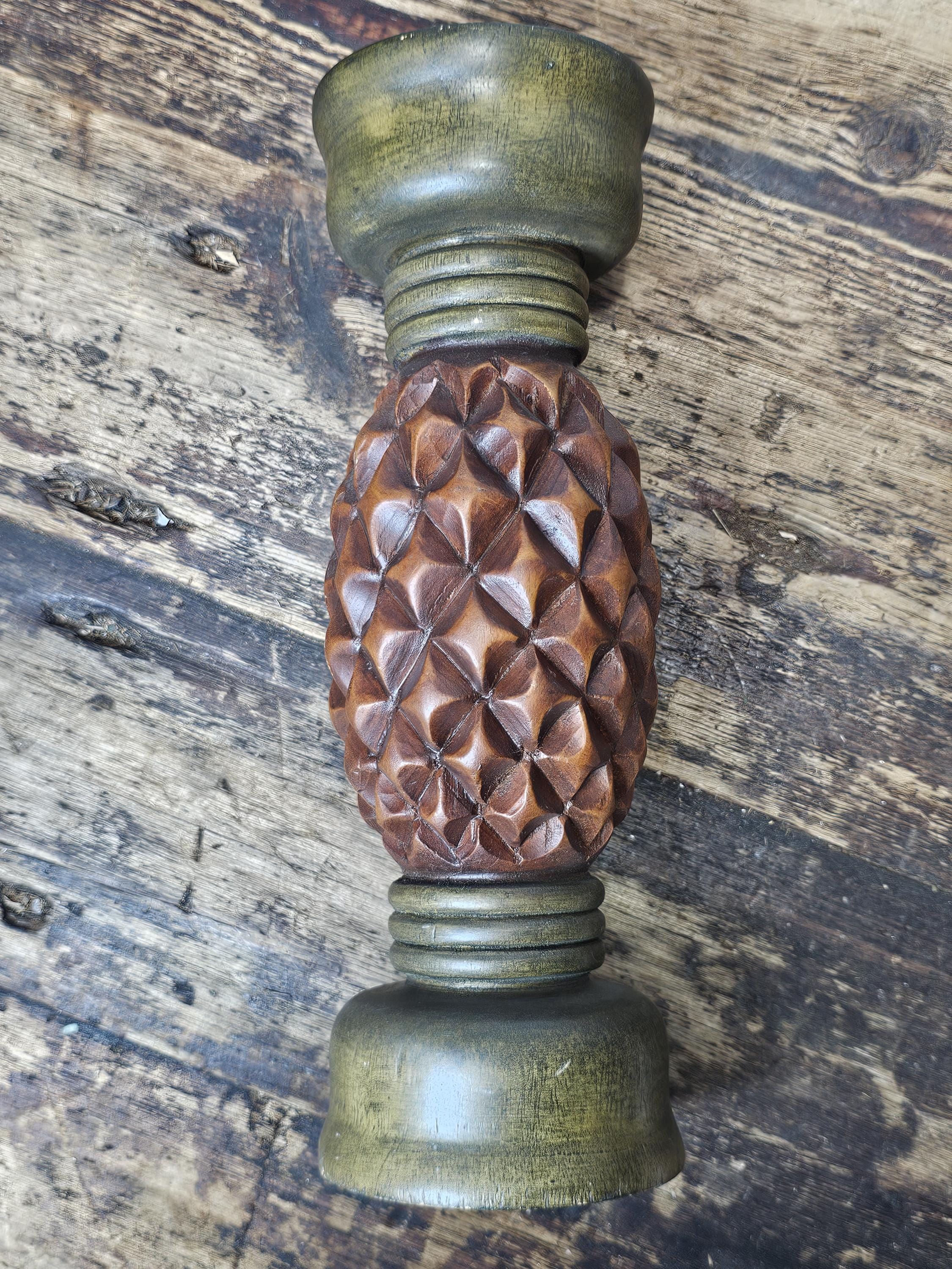 Hand Carved Wood Pineapple Diamond Candle Sticks 12"H