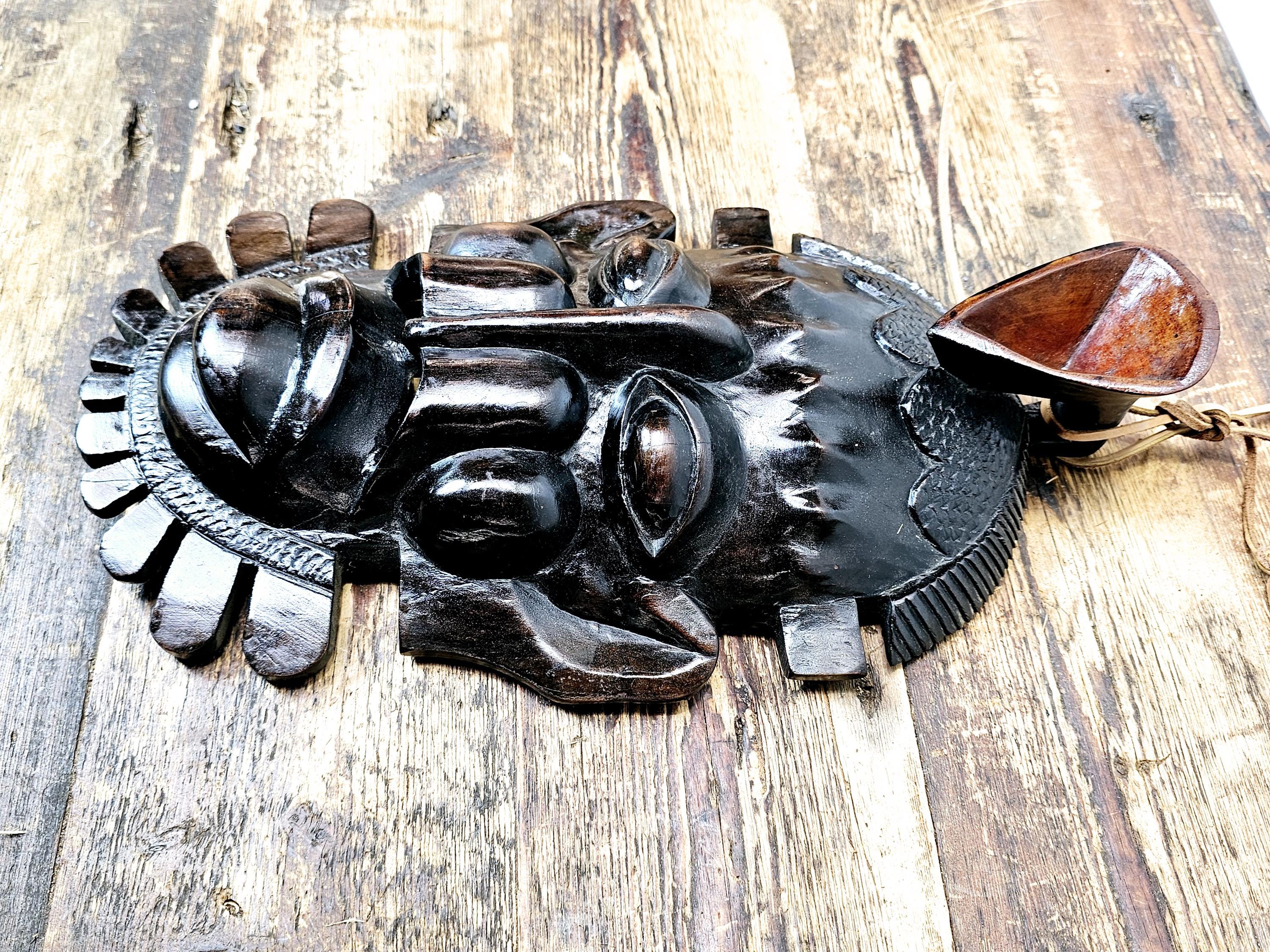 Ebony-Finish Wood Carving - Senufo Tribal Mask (Ivory Coast) 9"W x 15.5"H