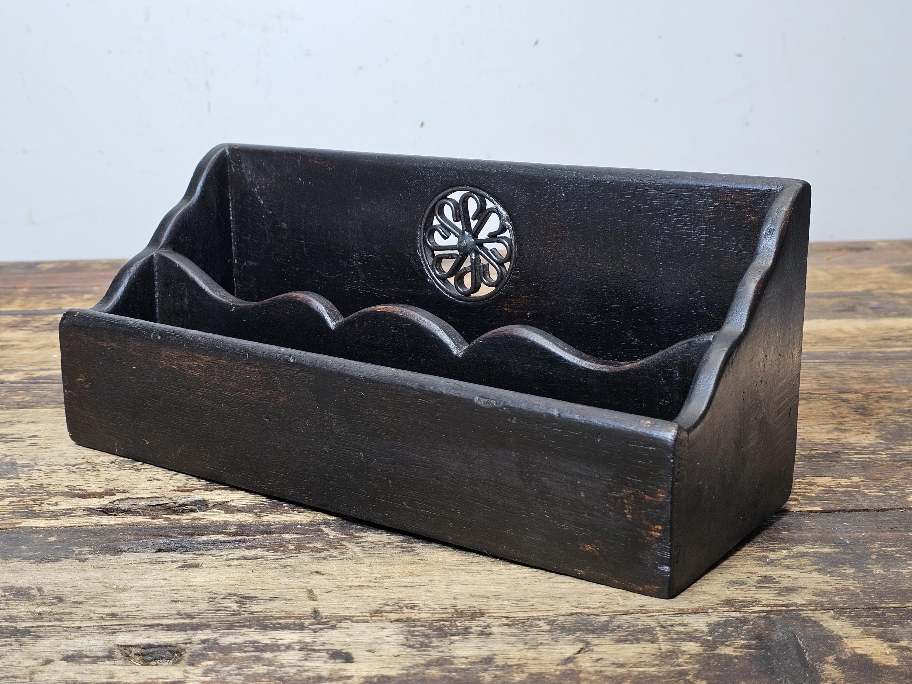 Vintage Wooden Black Painted Desk Organizer /Card Holder