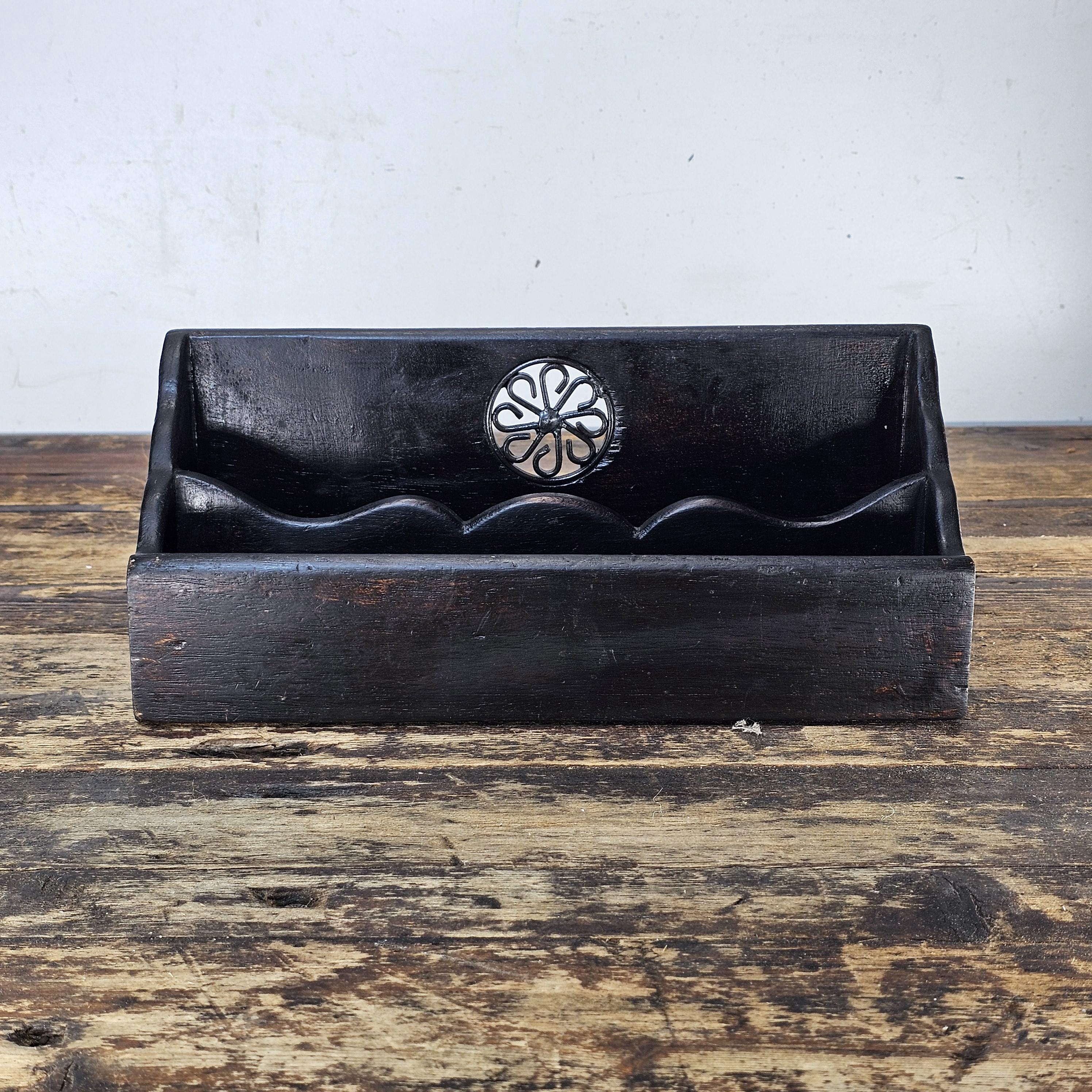 Vintage Wooden Black Painted Desk Organizer /Card Holder