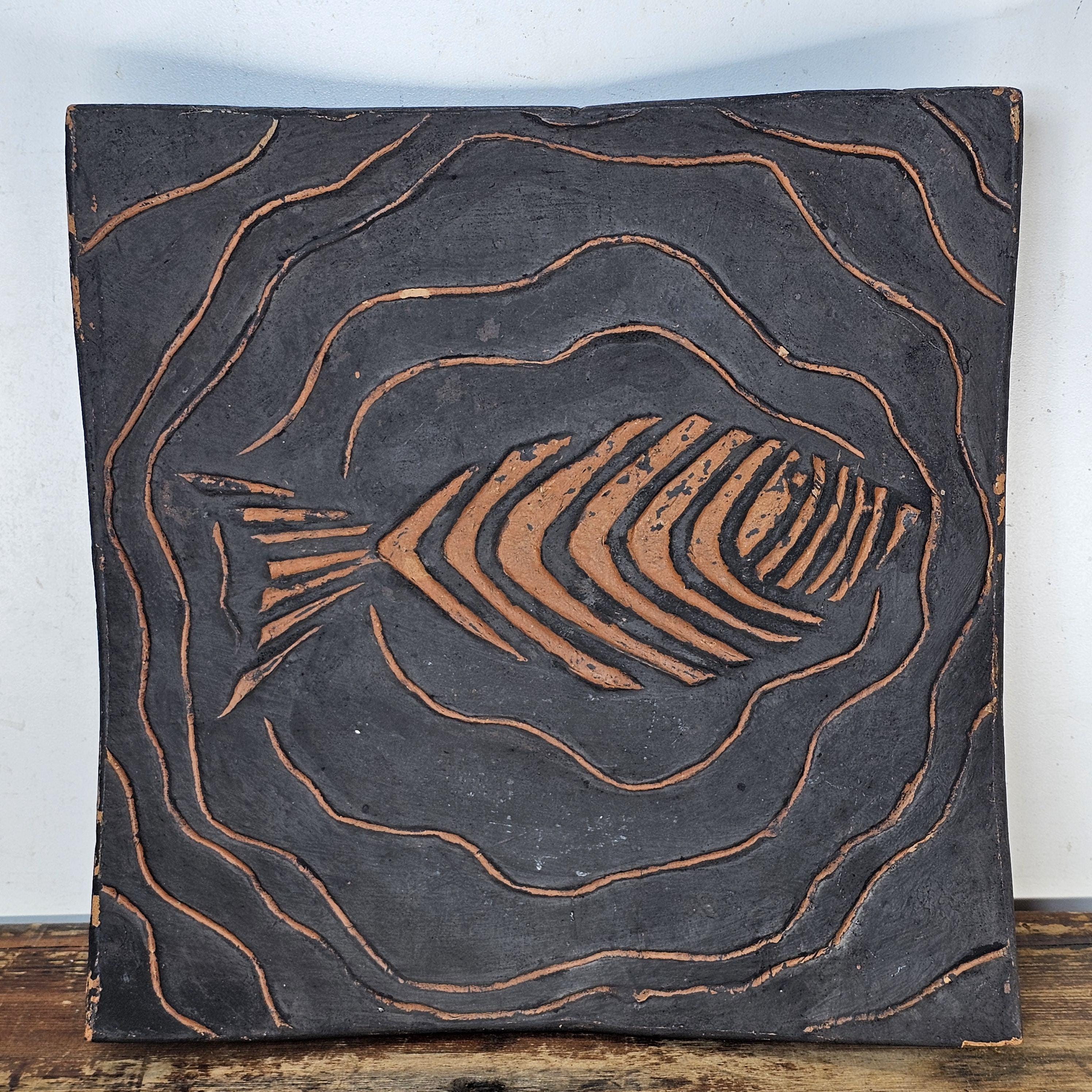 Colin Thorburn 1970s British Studio Pottery Decorative Fish Relief Art Tile 13"