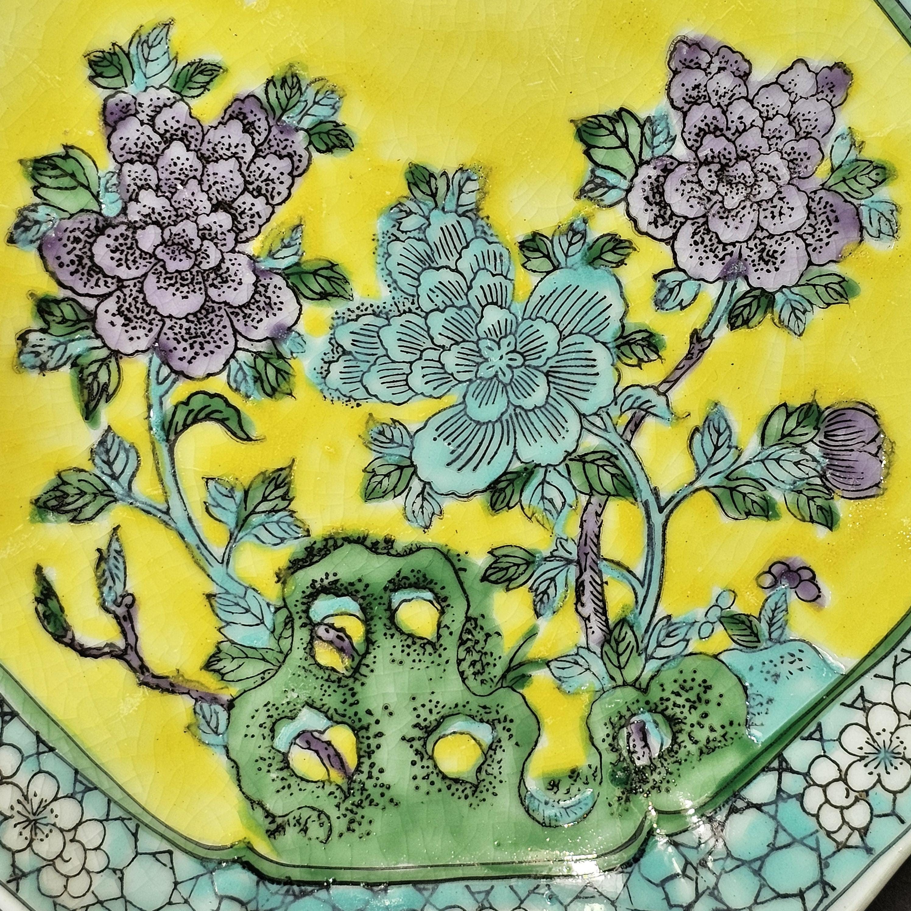 Vintage Hong Kong Hand-Painted Floral Octagonal Ashtray 6.25" x 6.25"