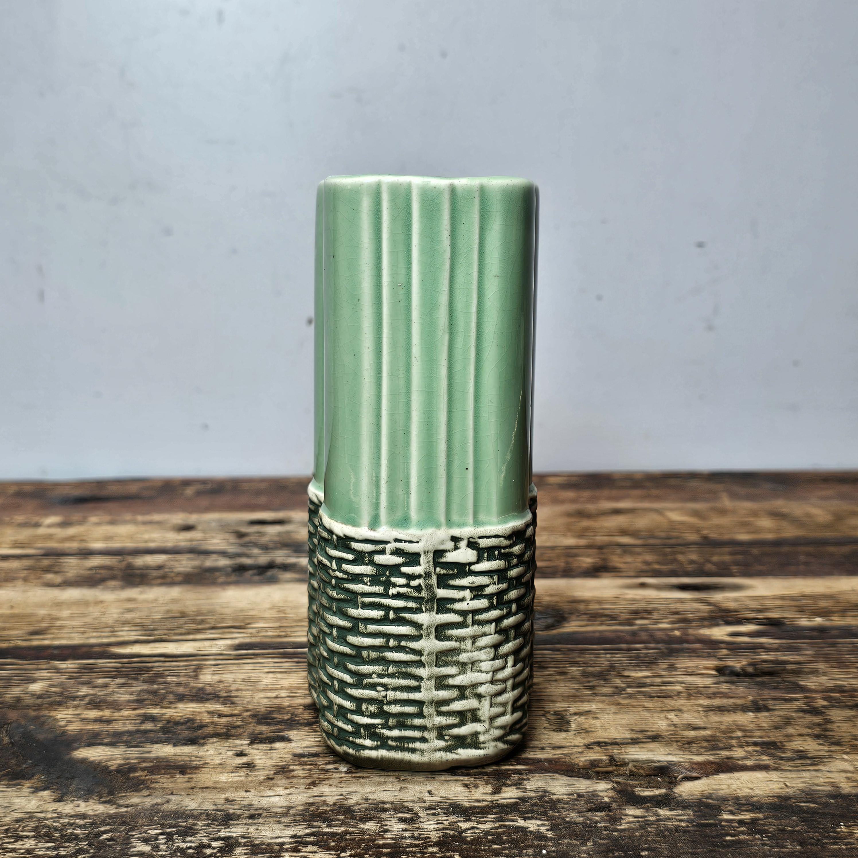 McCoy Green Basket Weave Planter Art Pottery 6.5"H