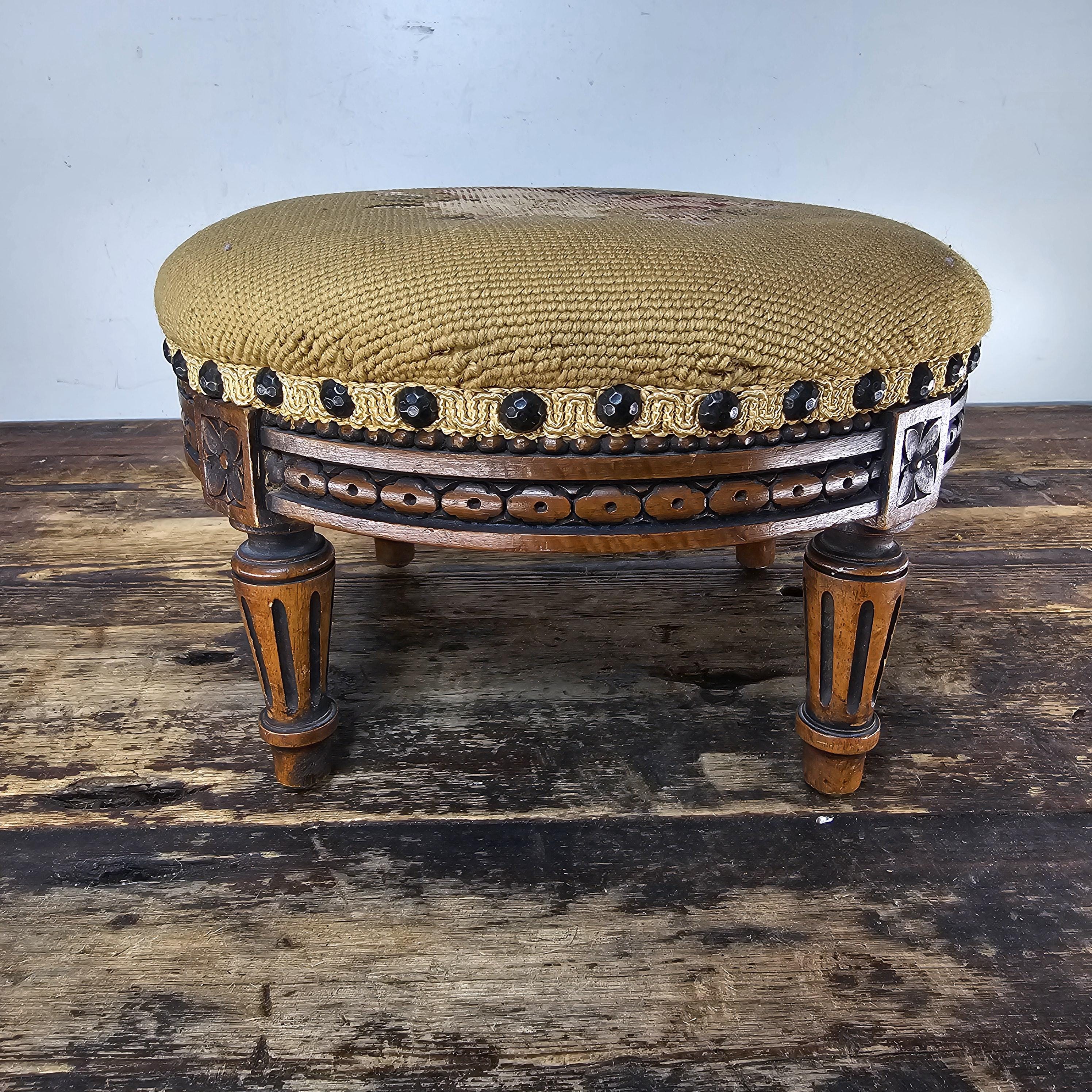 Antique French Petit Point Embroidered Footstool 11.5"Diam × 7.5"H