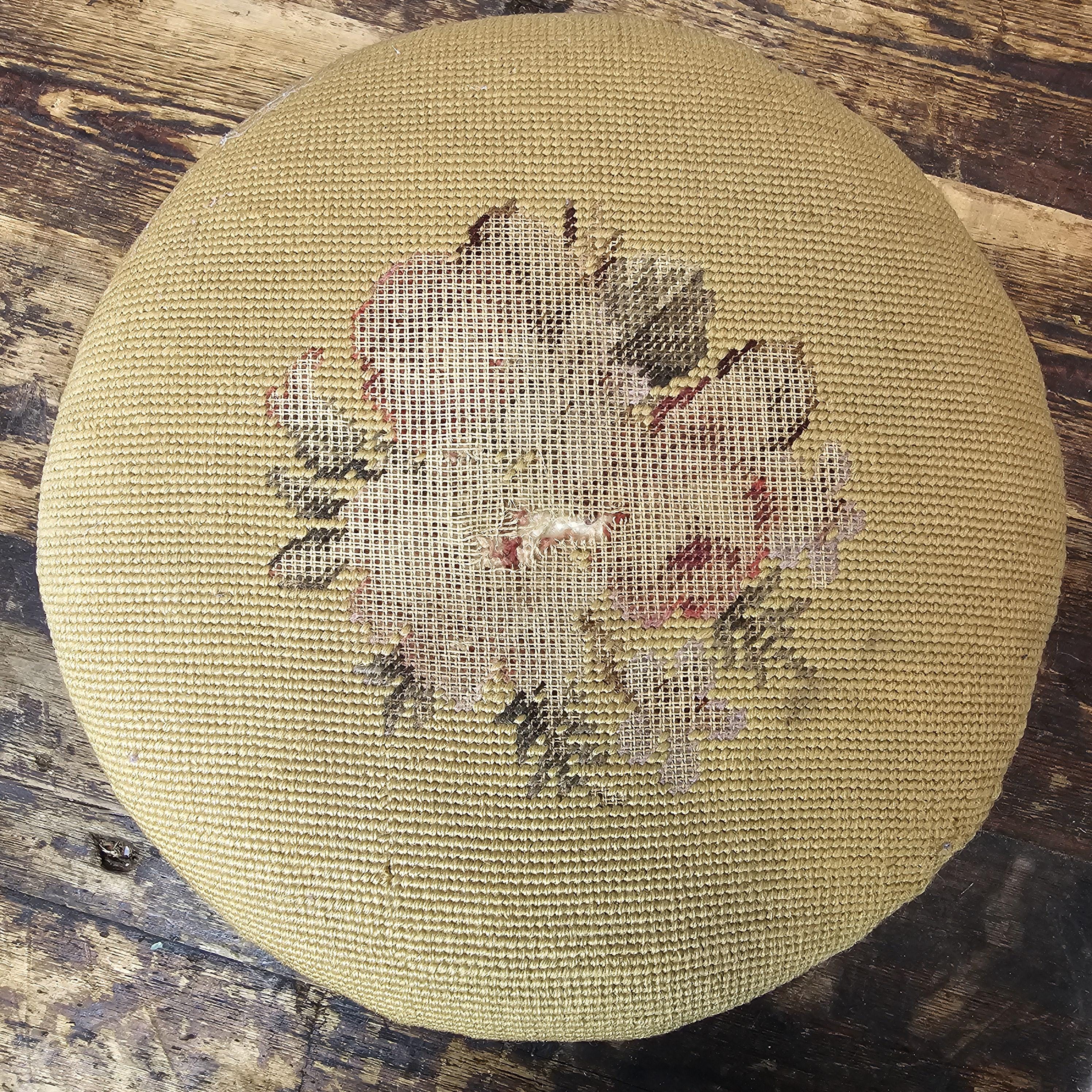 Antique French Petit Point Embroidered Footstool 11.5"Diam × 7.5"H