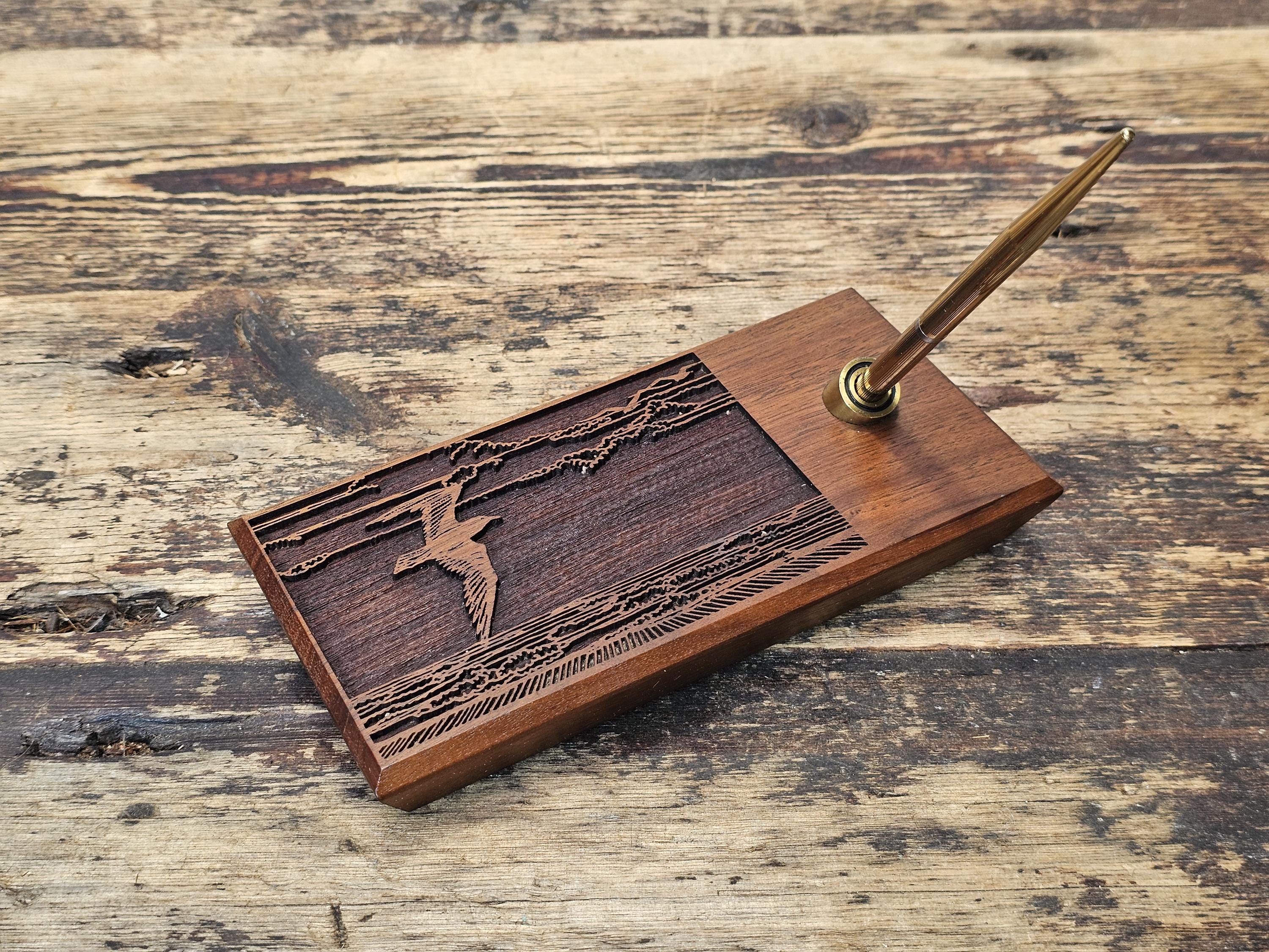 Laser-Engraved American Walnut Seagull Pen Holder