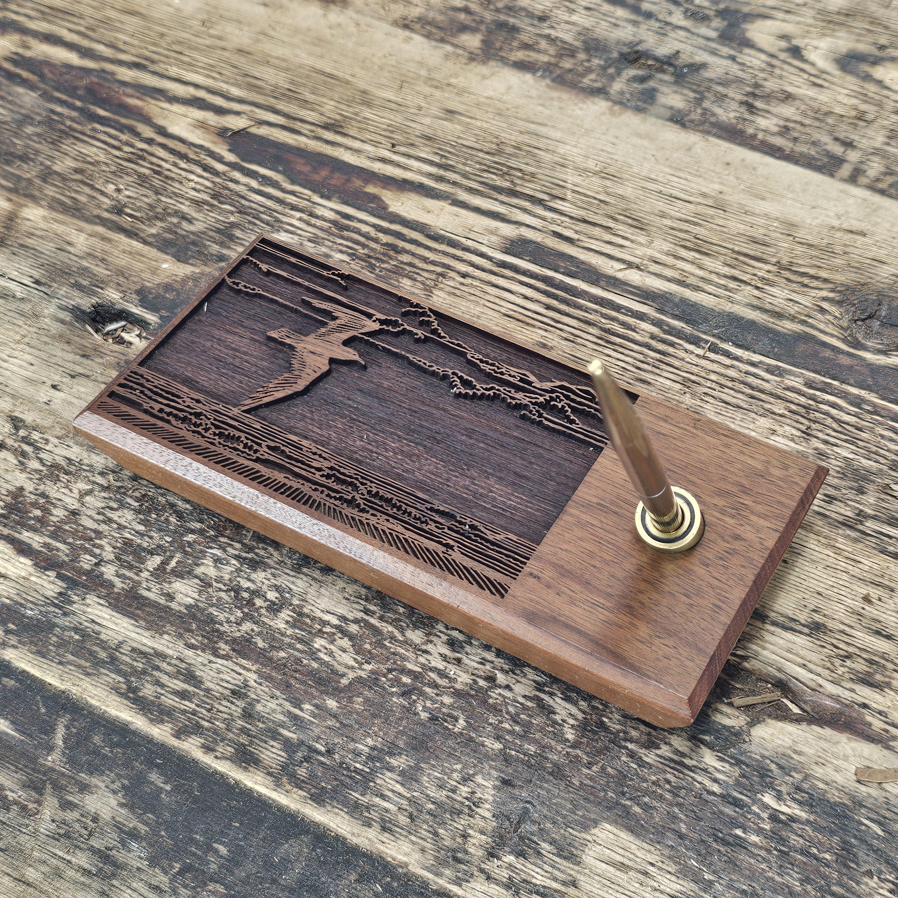 Laser-Engraved American Walnut Seagull Pen Holder