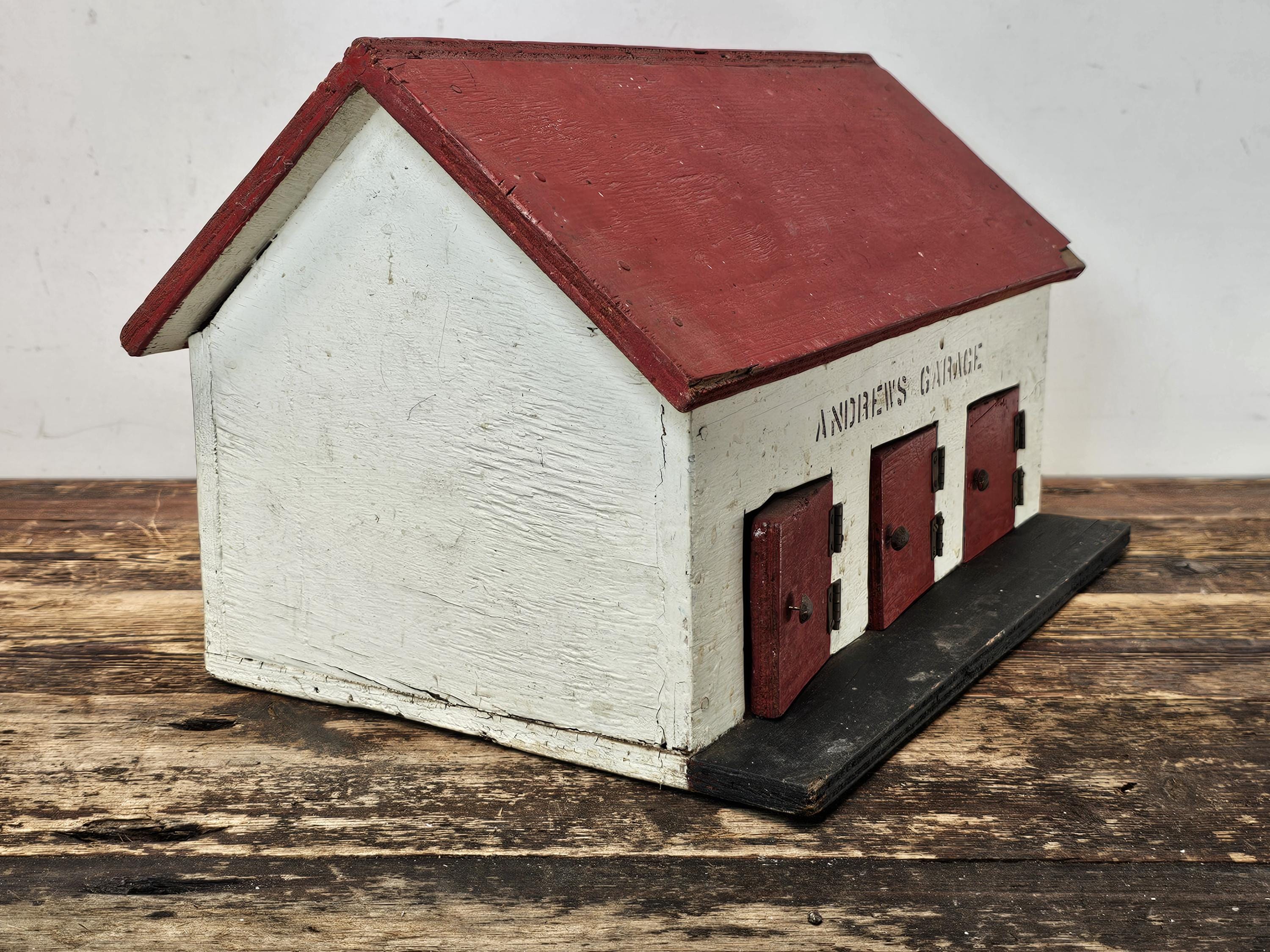 Vintage Folk Art "Andrew's Garage" Wooden 3-Bay Garage Model, 1970s
