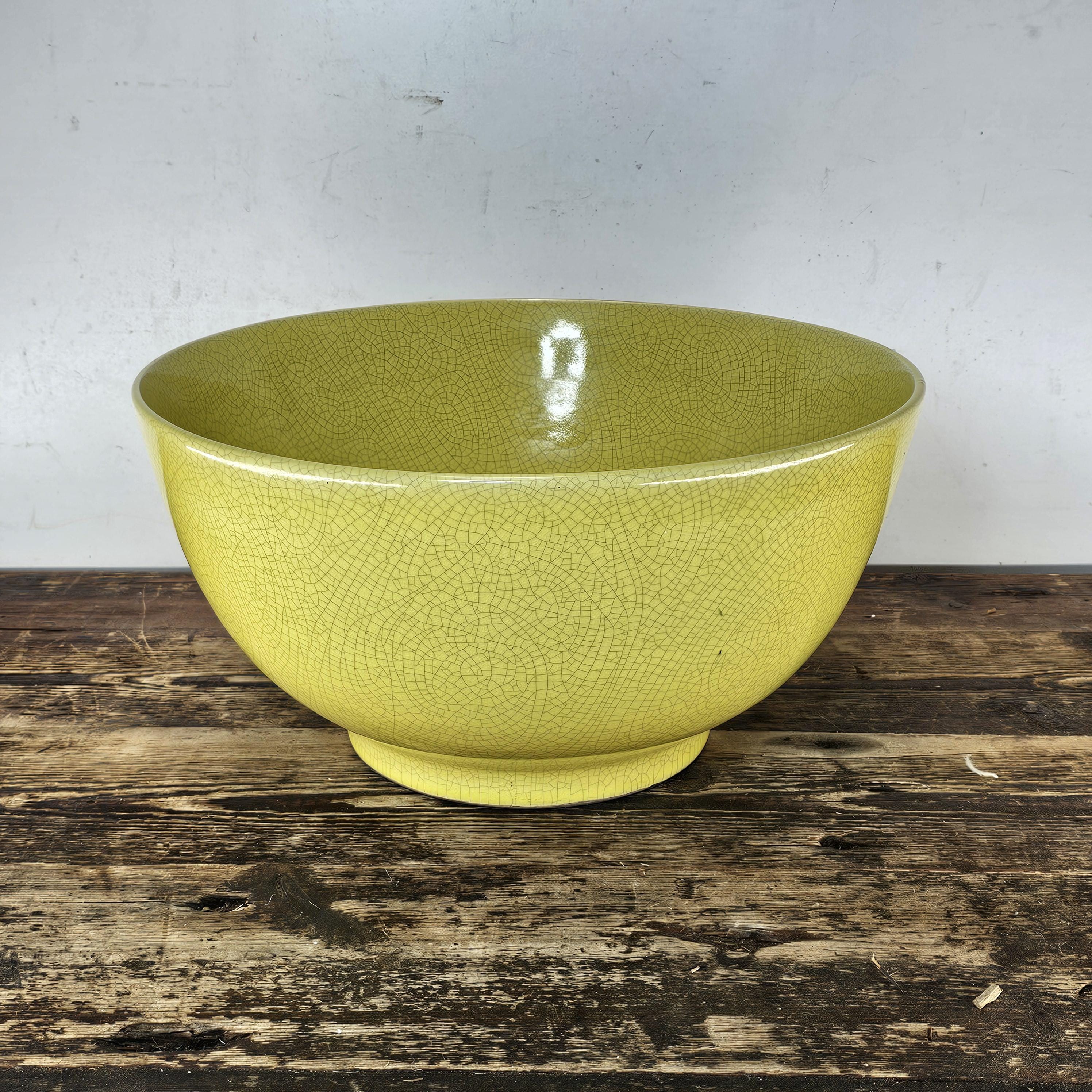 Handcrafted Large Yellow Crackle Glaze Ceramic Bowl 14.5"Diam x 7.5"H