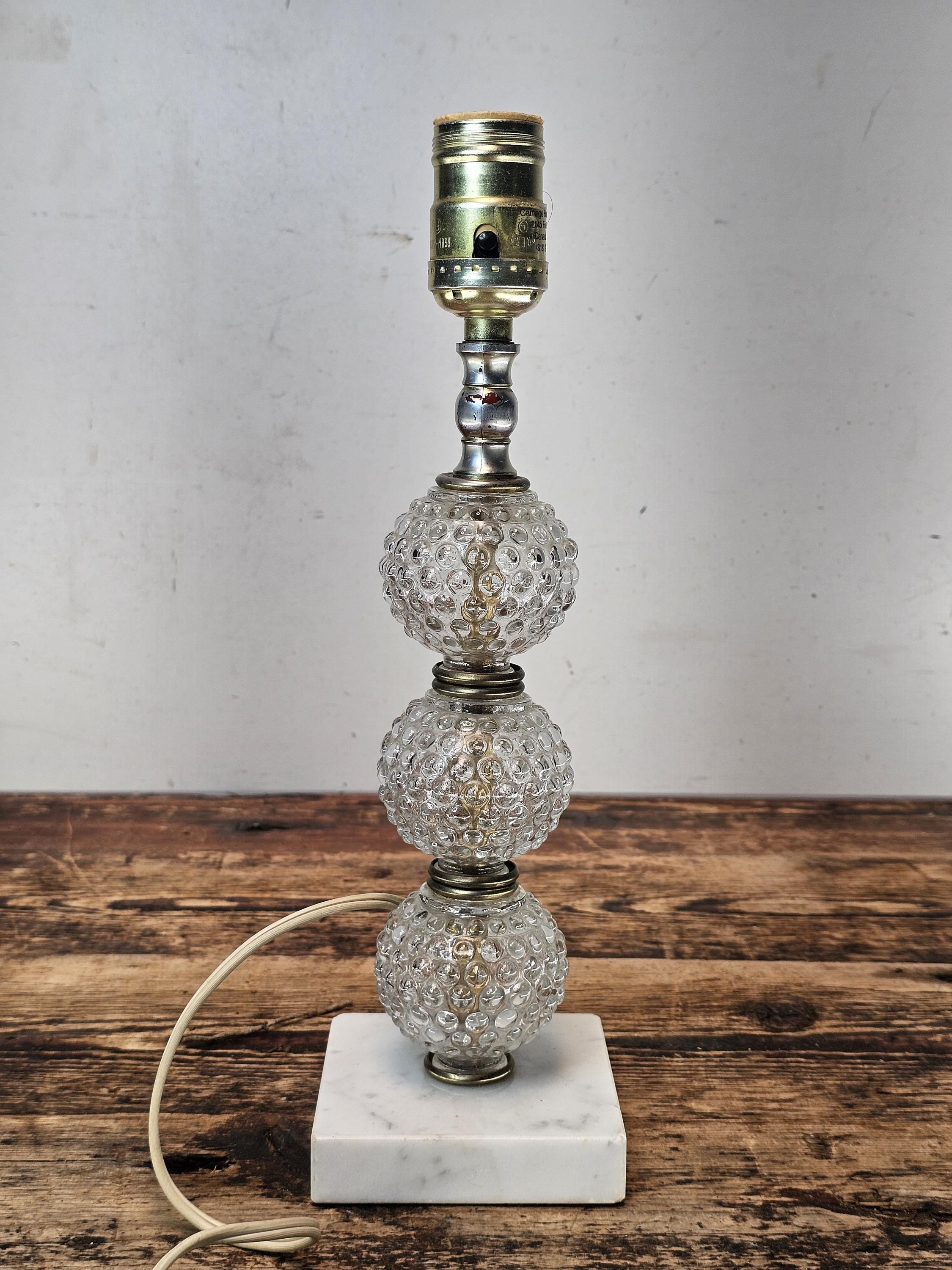 Vintage Hobnail Glass Table Lamp with Marble Base 12.5"H