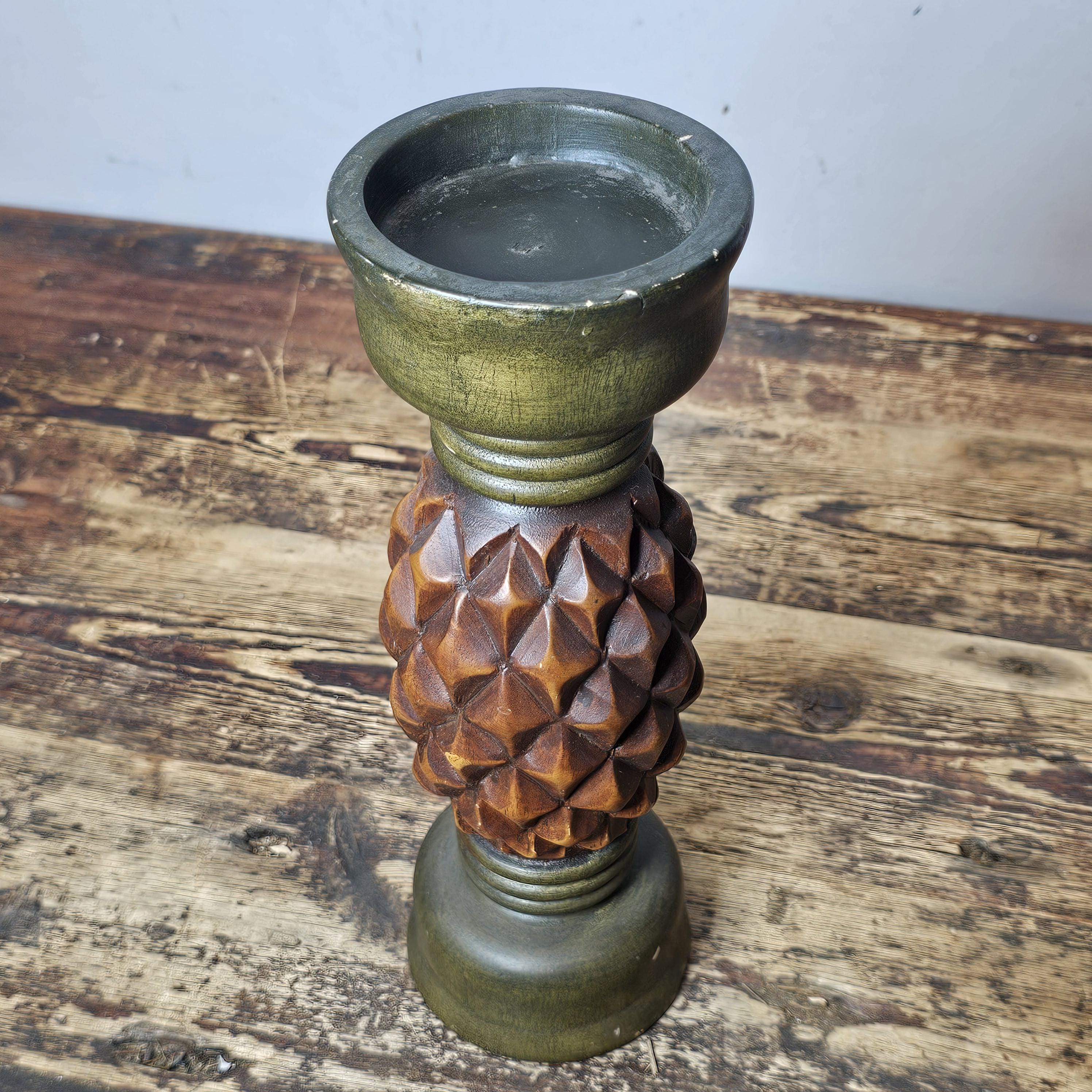 Hand Carved Wood Pineapple Diamond Candle Sticks 12"H