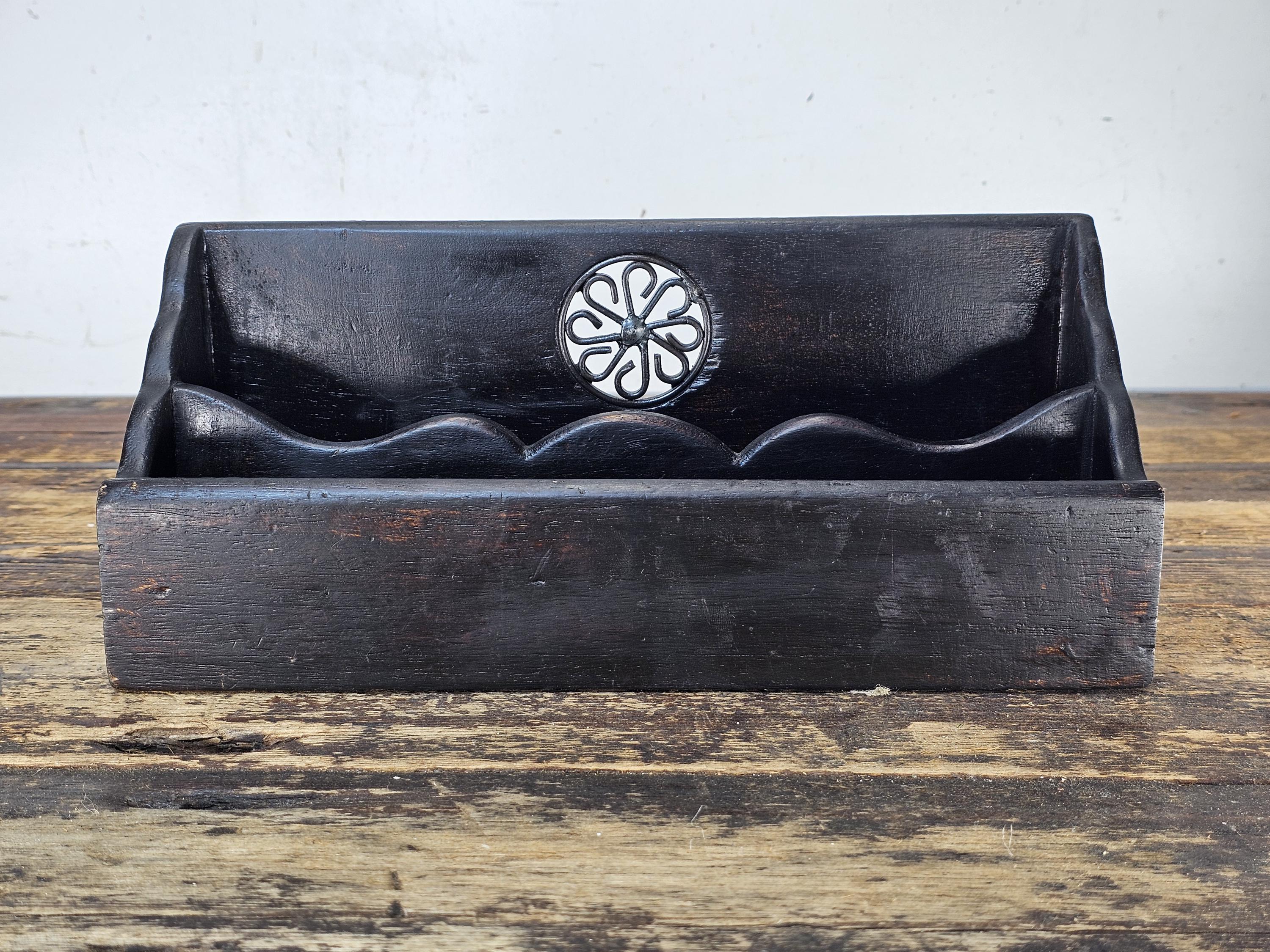 Vintage Wooden Black Painted Desk Organizer /Card Holder